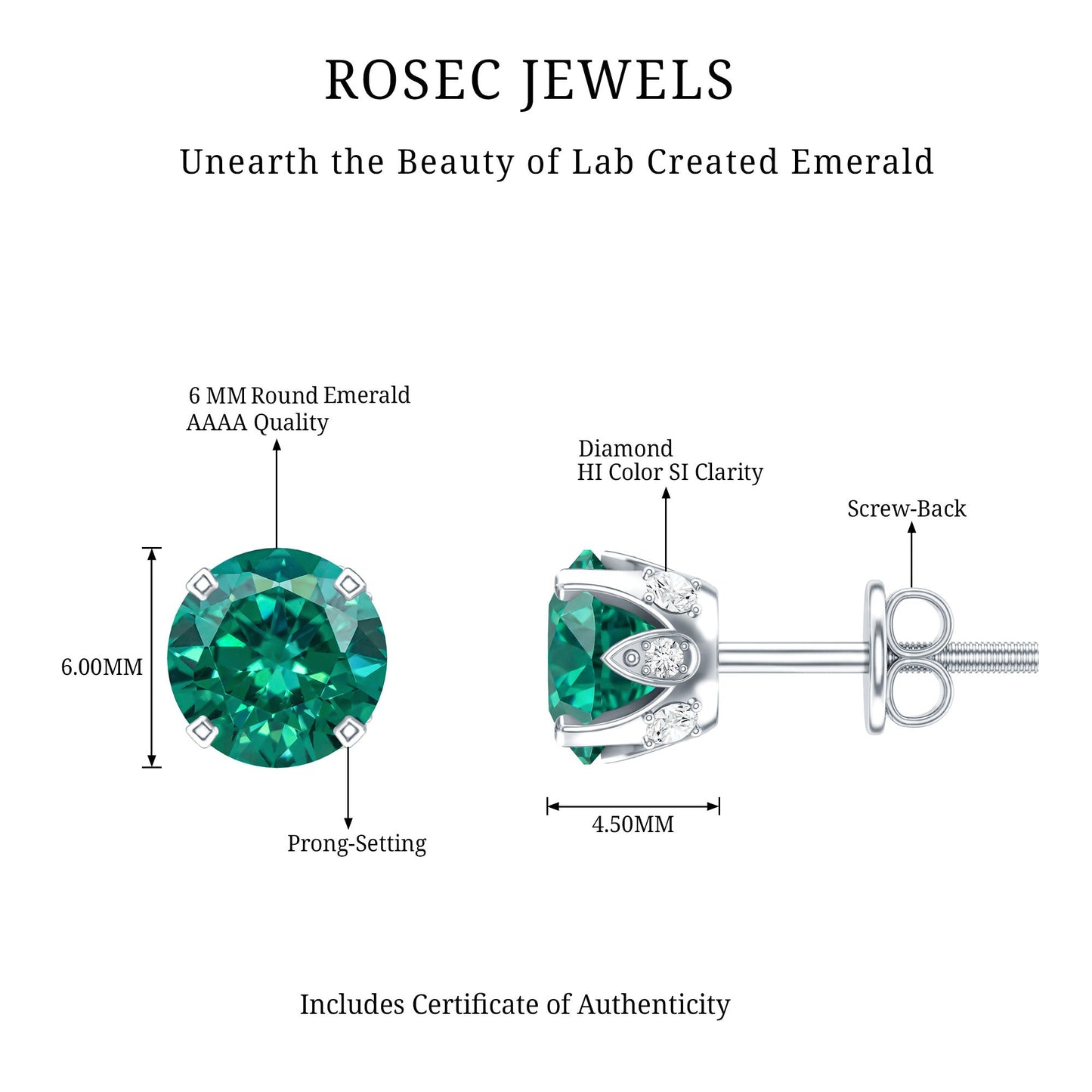 Round Lab Created Emerald Solitaire Stud Earrings with Diamonds