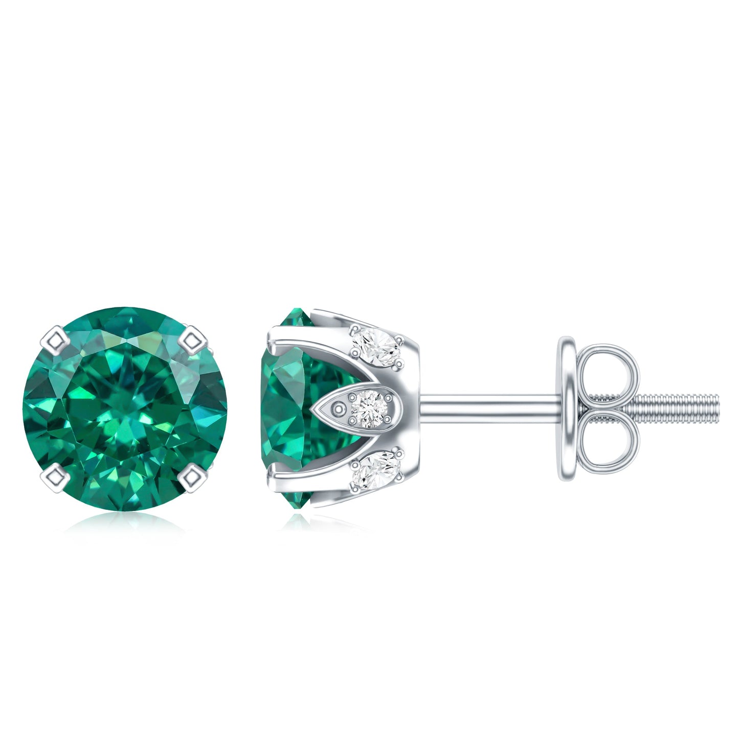 Round Lab Created Emerald Solitaire Stud Earrings with Diamonds