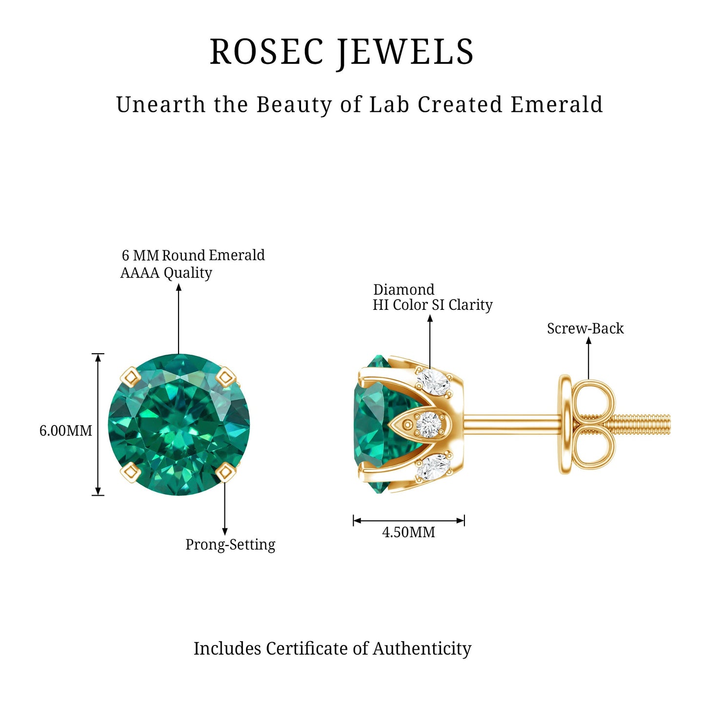 Round Lab Created Emerald Solitaire Stud Earrings with Diamonds