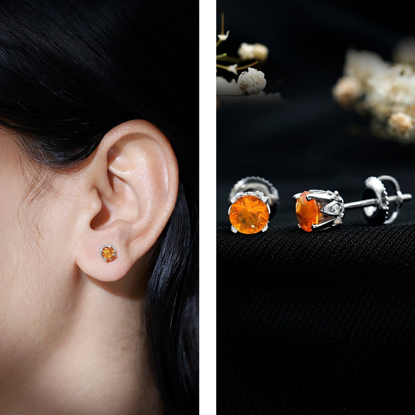 Solitaire Fire Opal Stud Earrings with Diamond Accent
