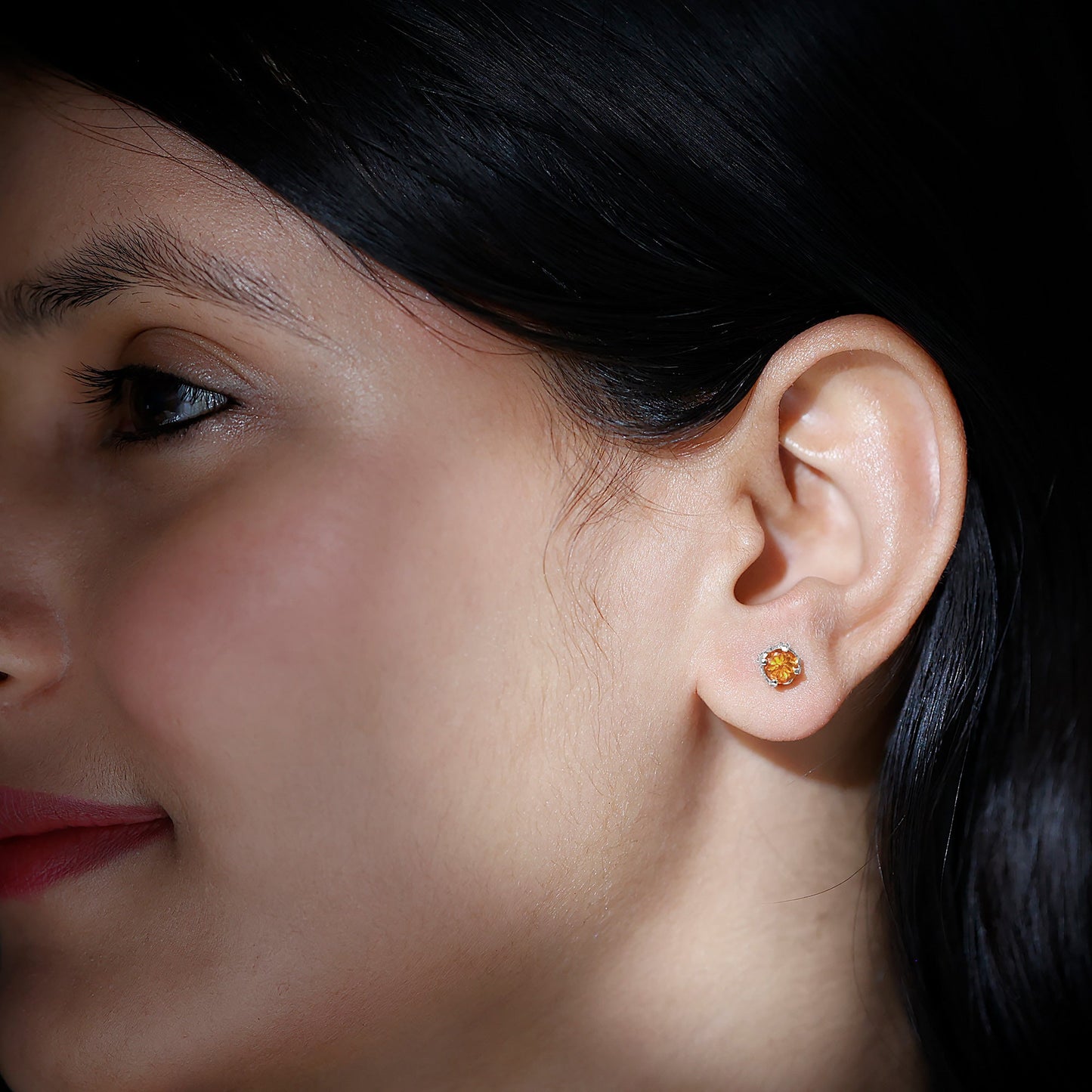 Solitaire Fire Opal Stud Earrings with Diamond Accent