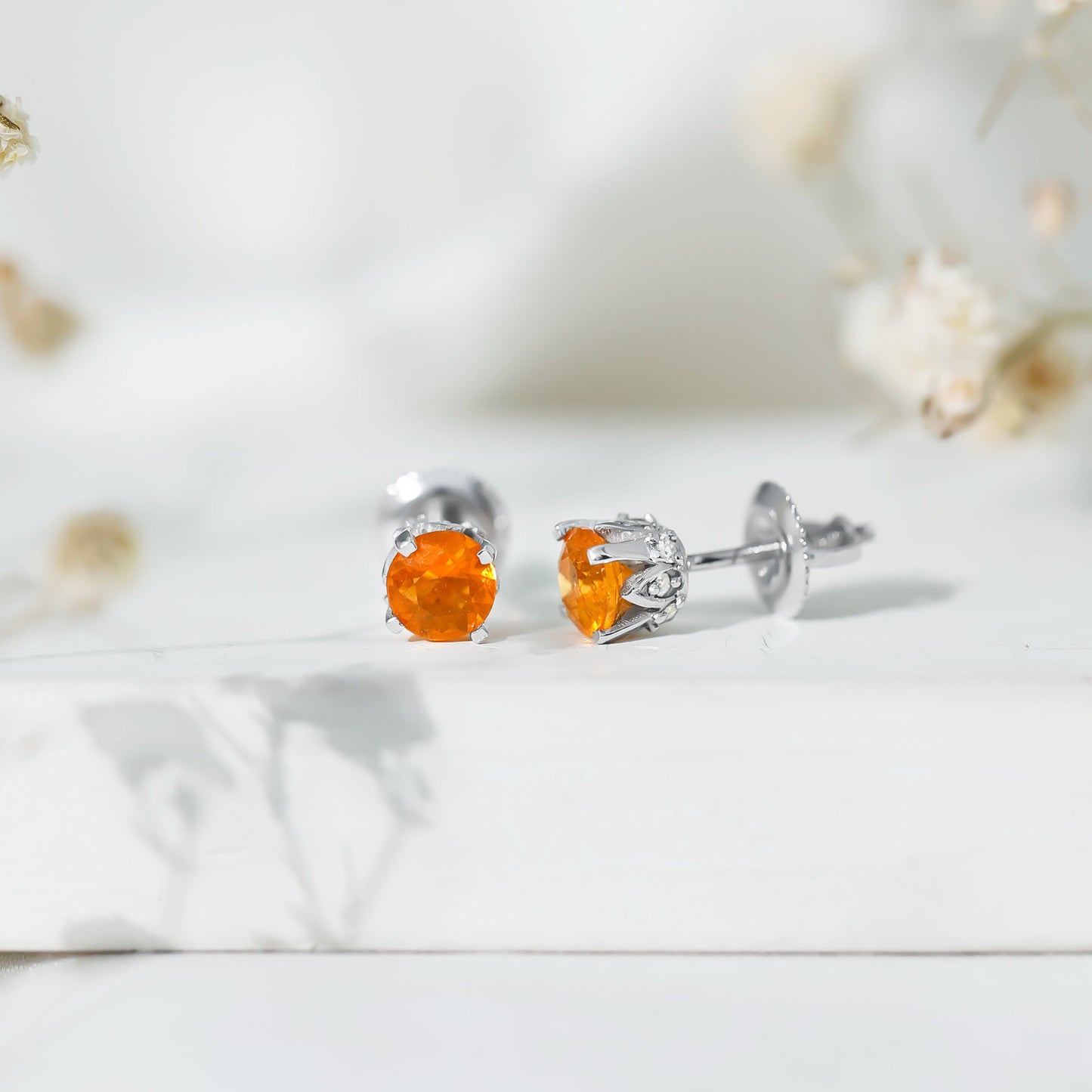 Solitaire Fire Opal Stud Earrings with Diamond Accent