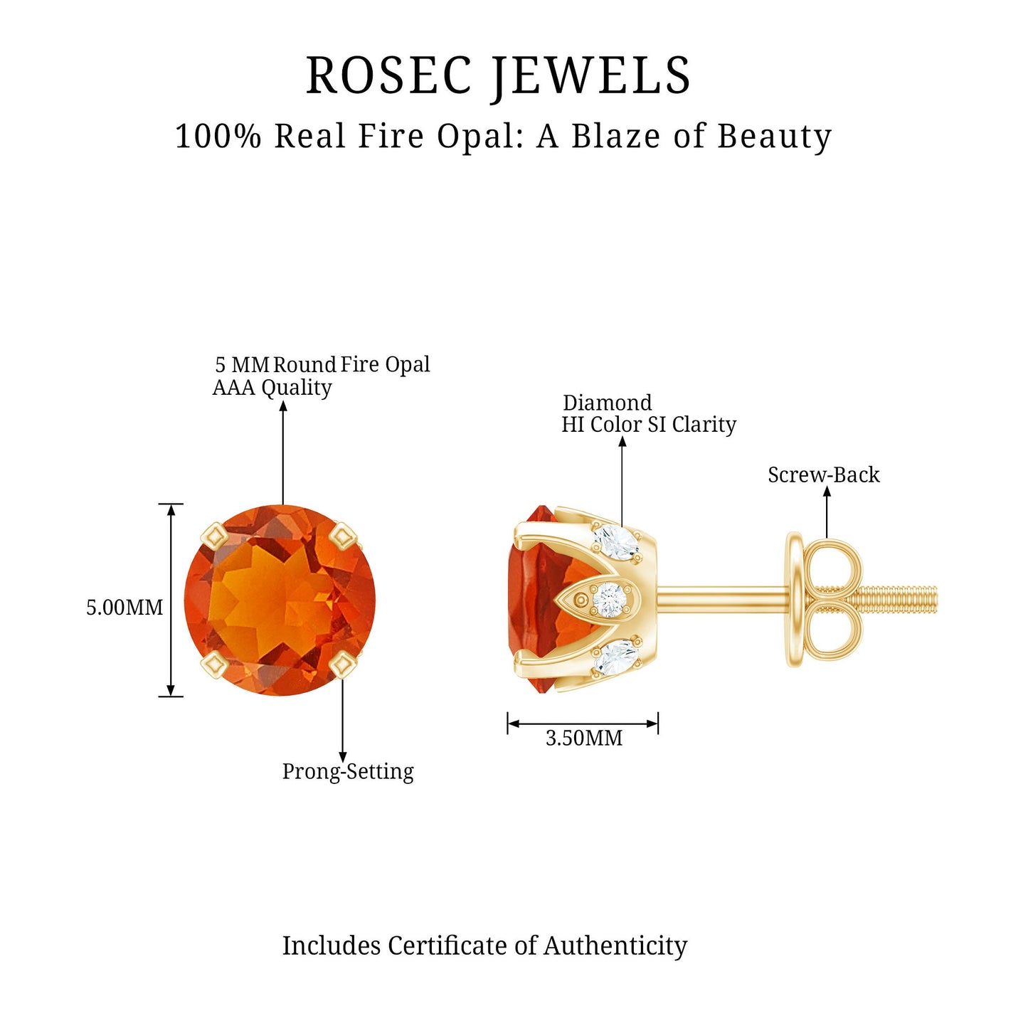 Solitaire Fire Opal Stud Earrings with Diamond Accent