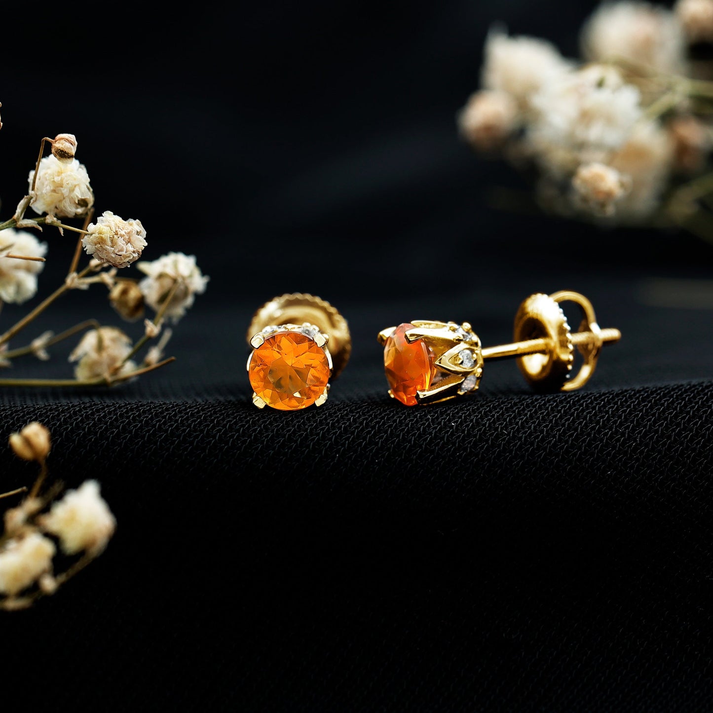 Solitaire Fire Opal Stud Earrings with Diamond Accent