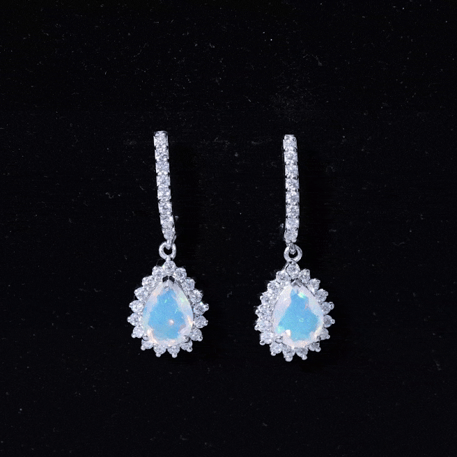 Natural Ethiopian Opal Teardrop Bridal Earrings with Moissanite Accent