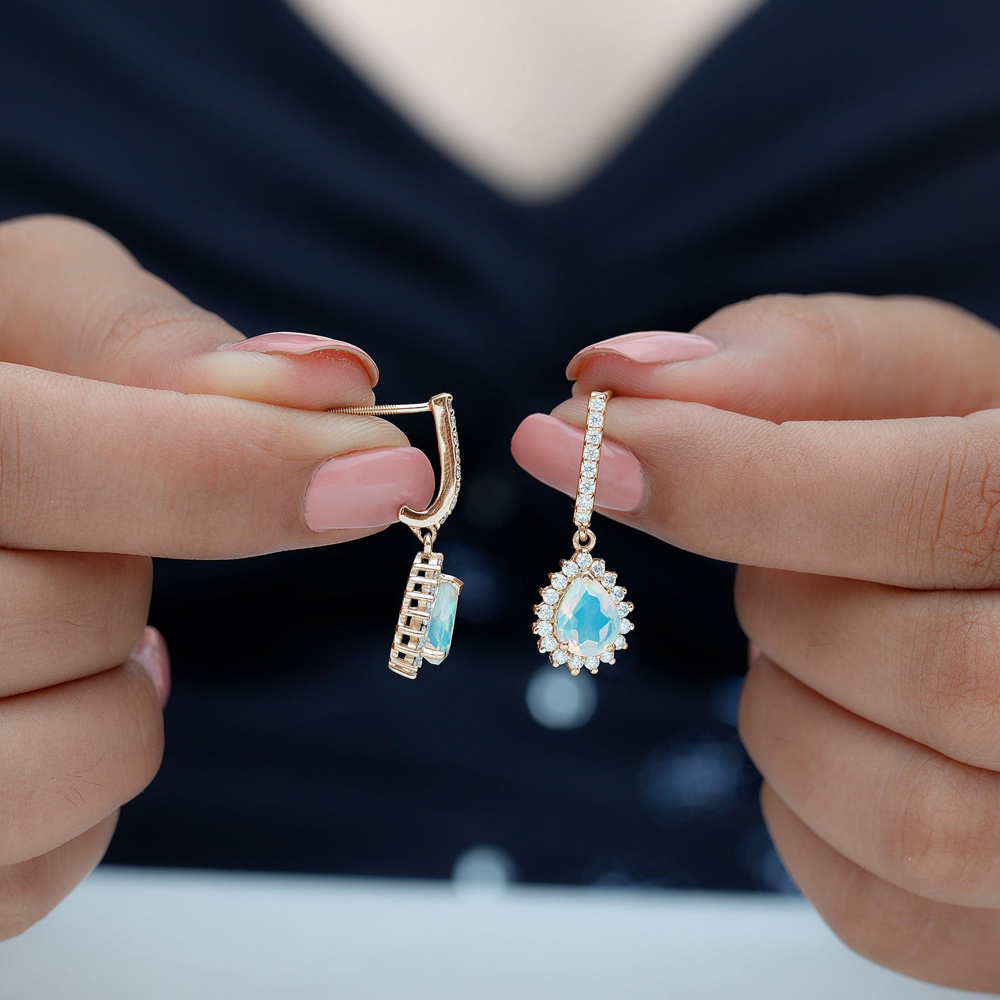 Natural Ethiopian Opal Teardrop Bridal Earrings with Moissanite Accent