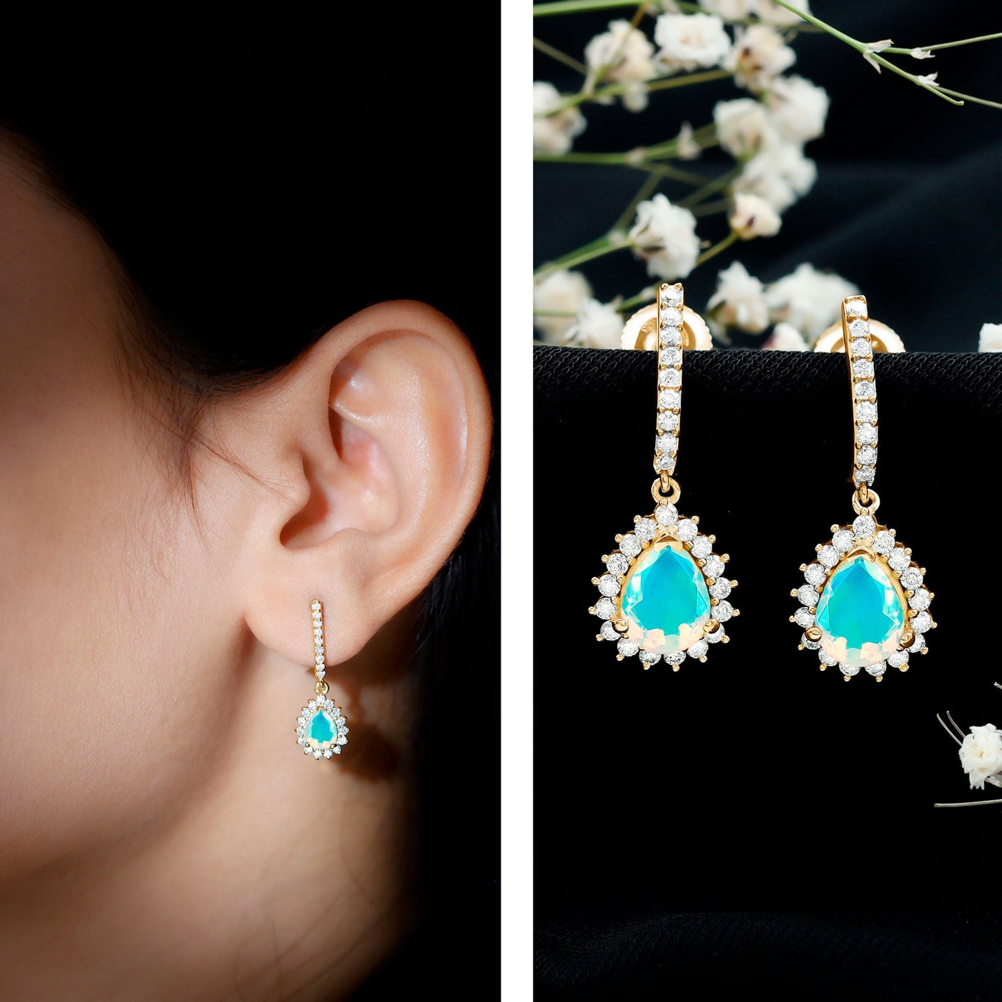 Natural Ethiopian Opal Teardrop Bridal Earrings with Moissanite Accent