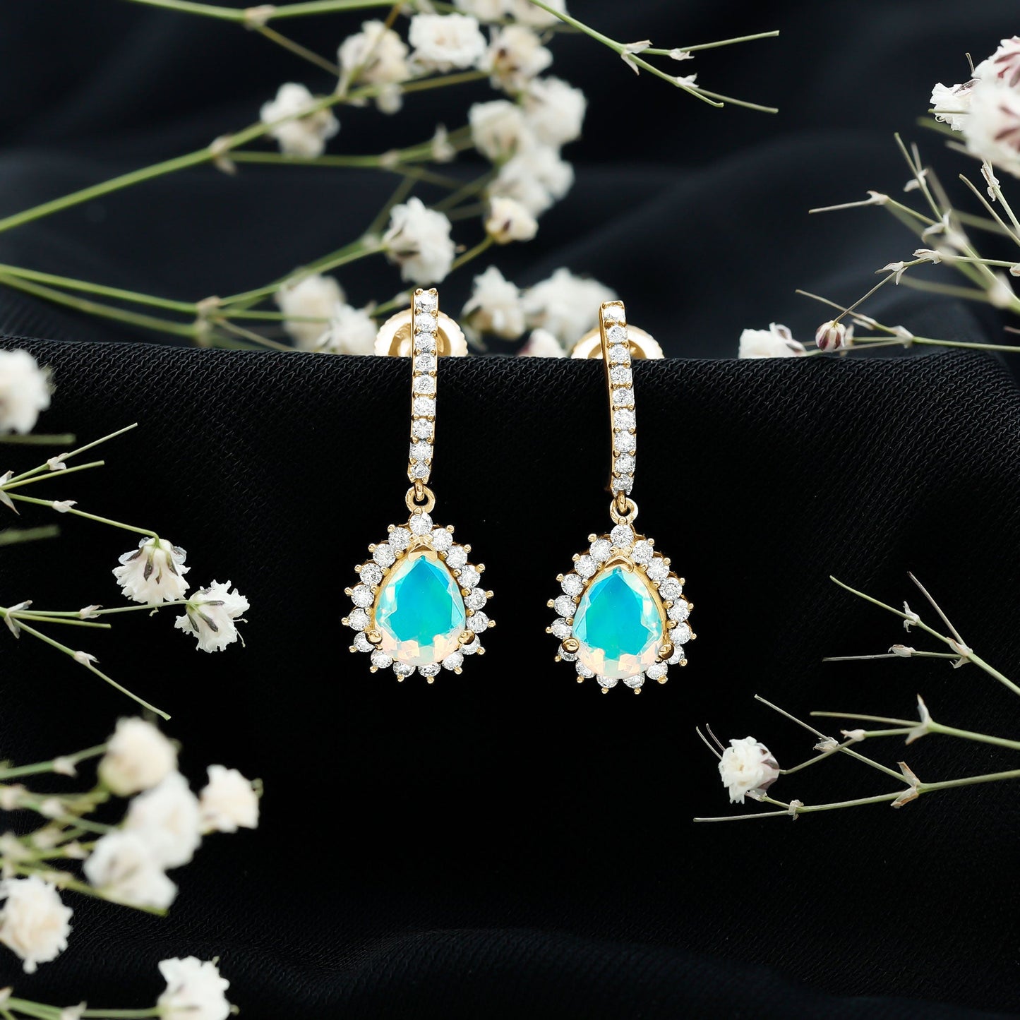 Natural Ethiopian Opal Teardrop Bridal Earrings with Moissanite Accent