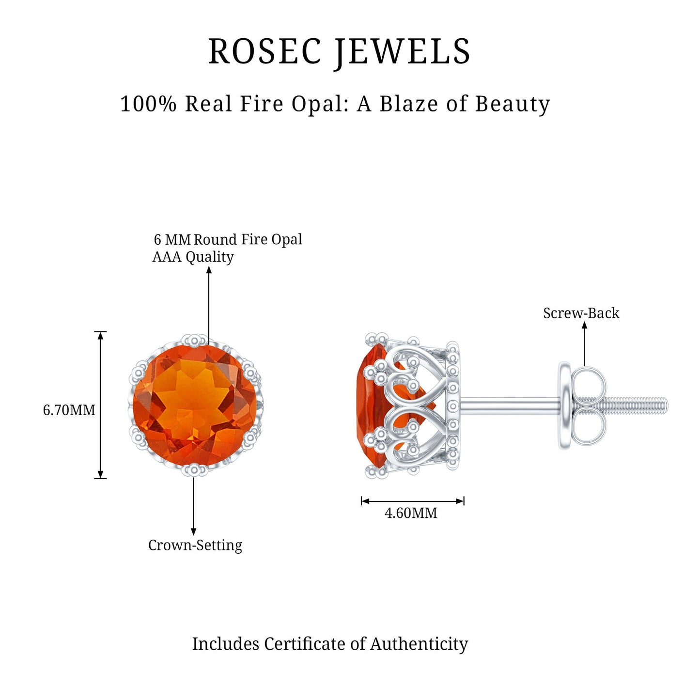 1.5 Carat Fire Opal Solitaire Crown Stud Earrings