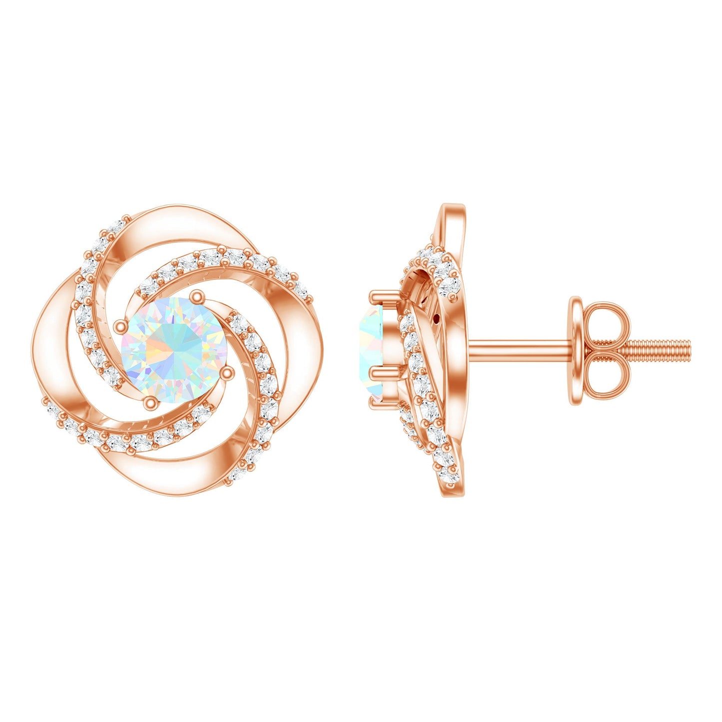 Genuine Ethiopian Opal and Diamond Swirl Stud Earrings