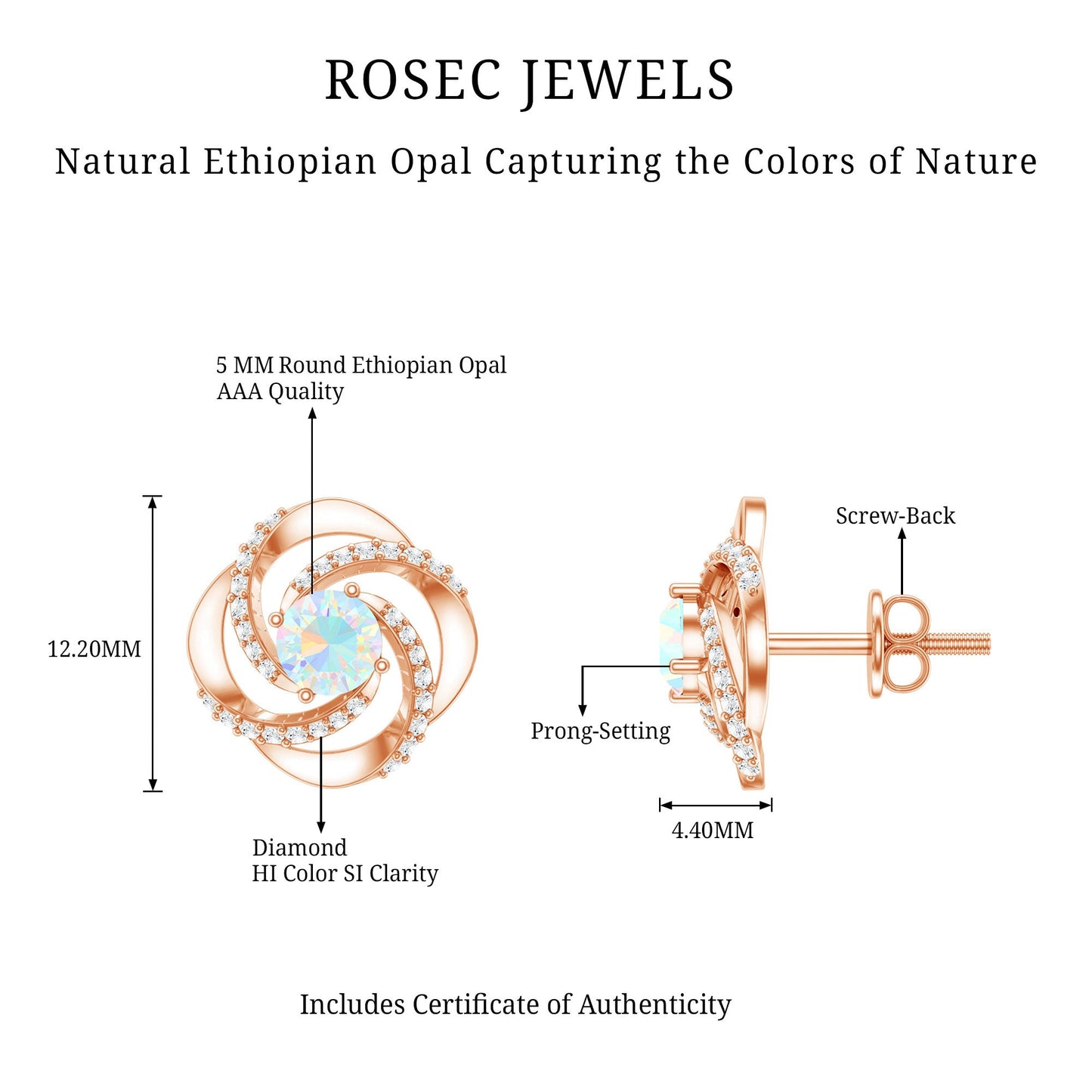 Genuine Ethiopian Opal and Diamond Swirl Stud Earrings