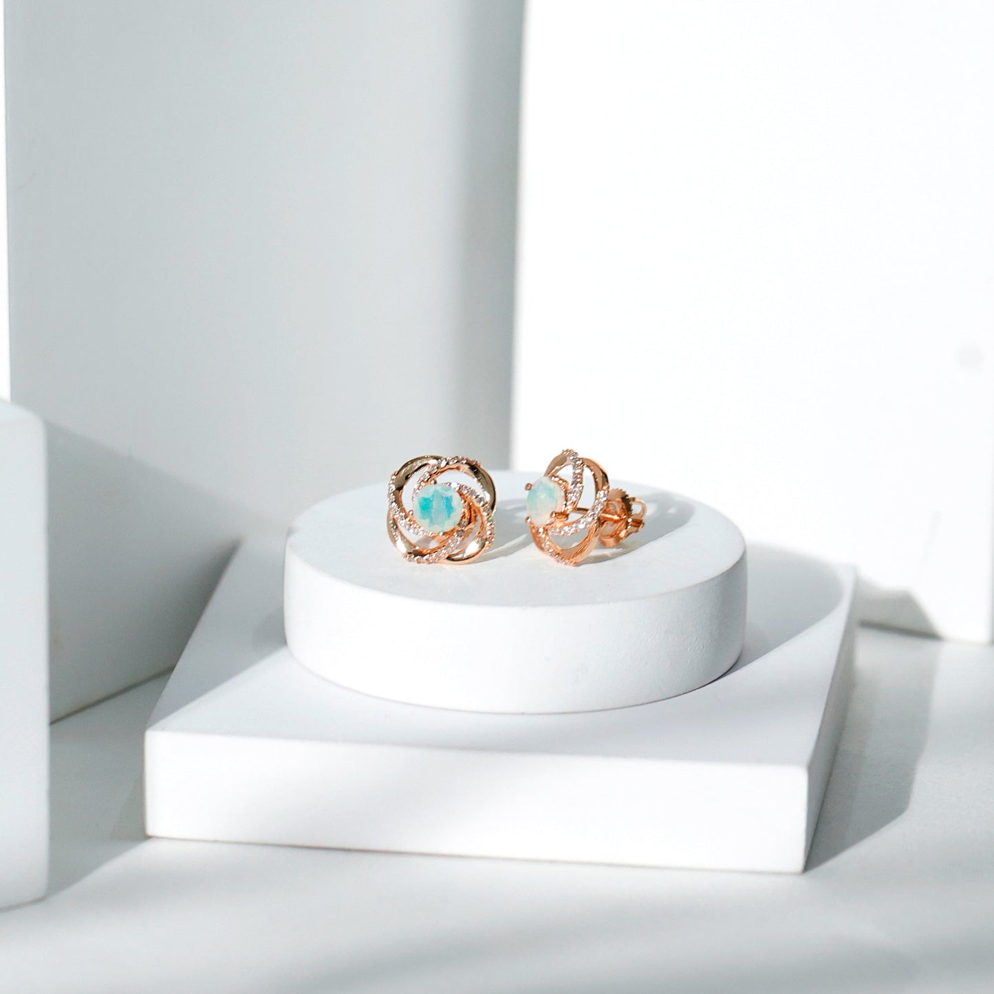 Genuine Ethiopian Opal and Diamond Swirl Stud Earrings