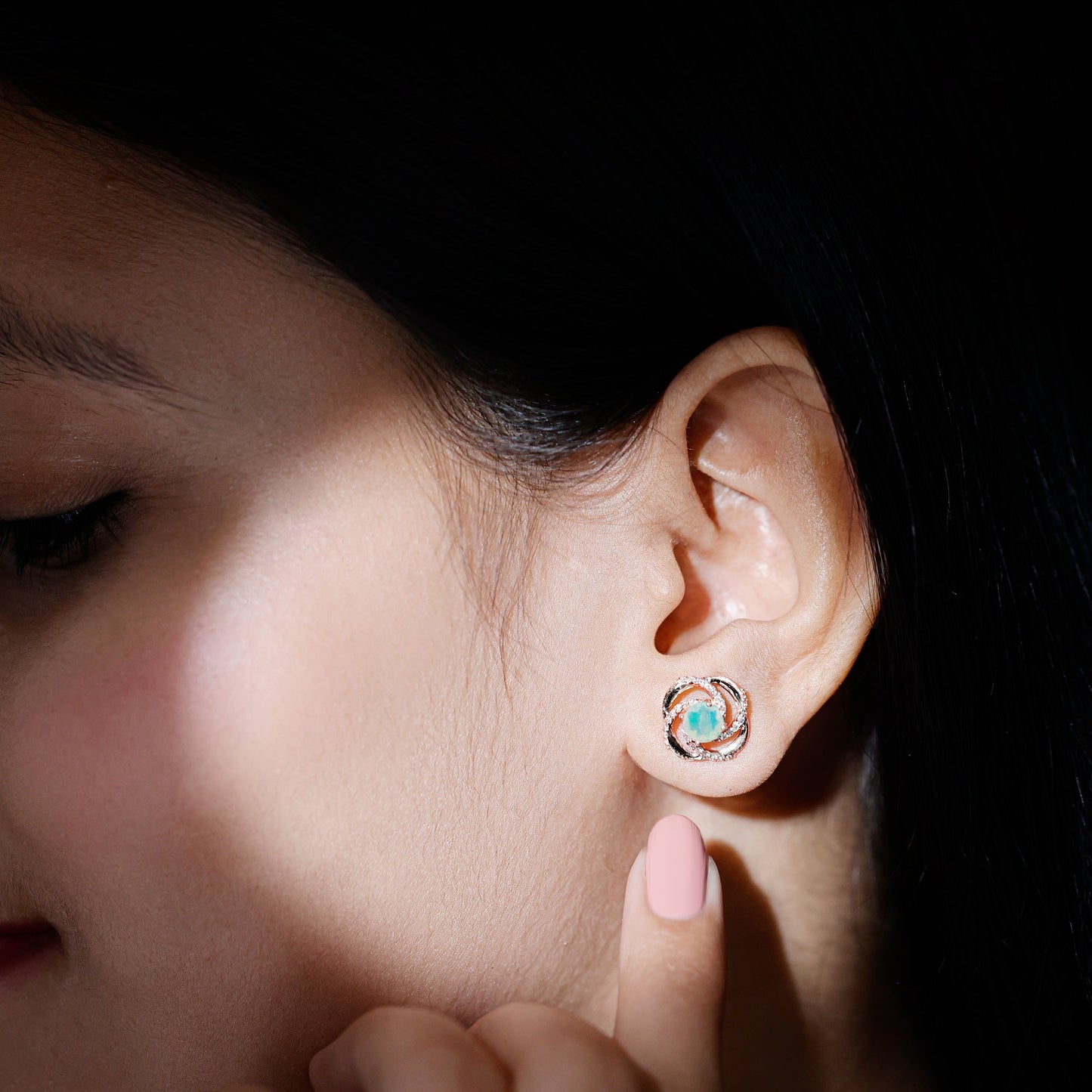 Genuine Ethiopian Opal and Diamond Swirl Stud Earrings