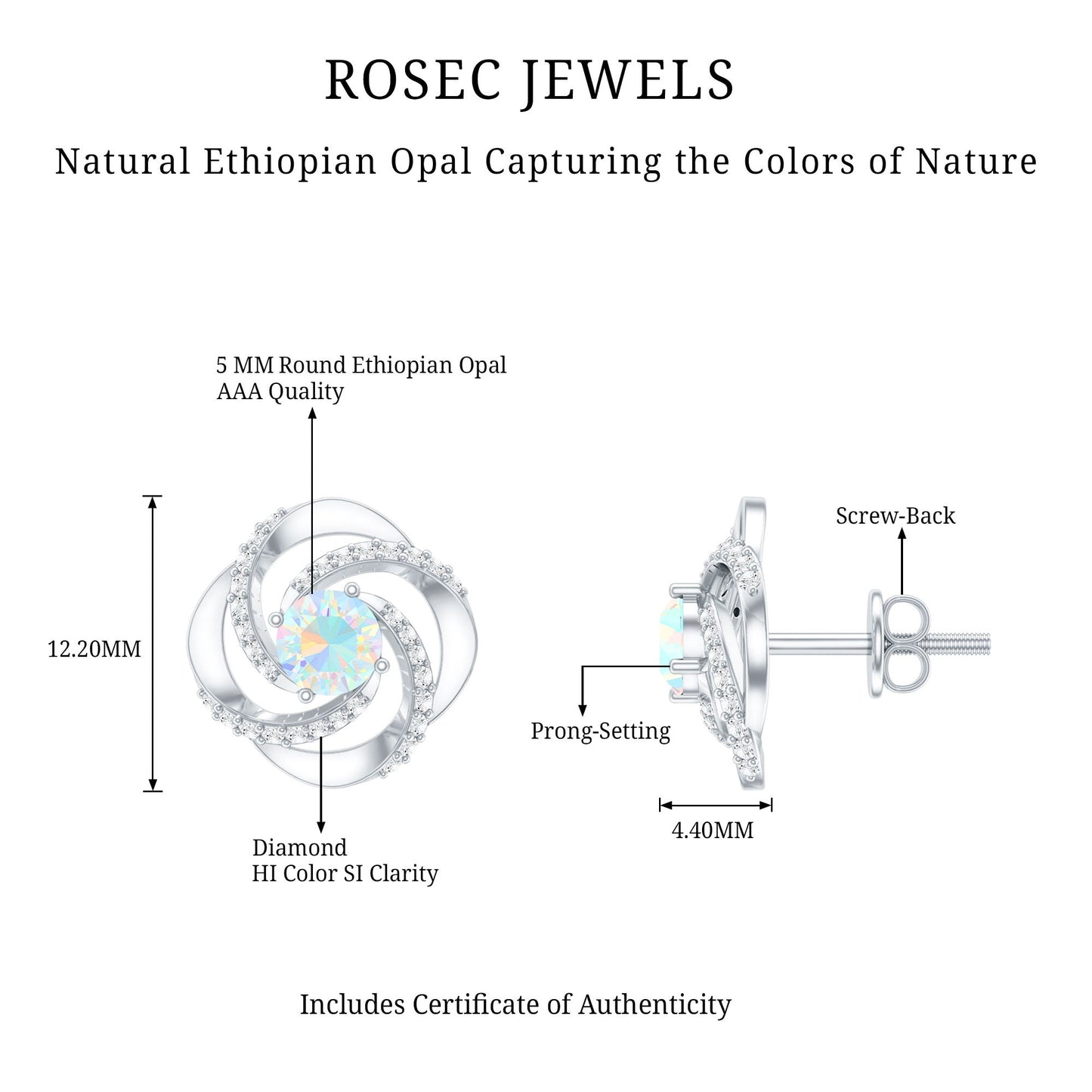 Genuine Ethiopian Opal and Diamond Swirl Stud Earrings