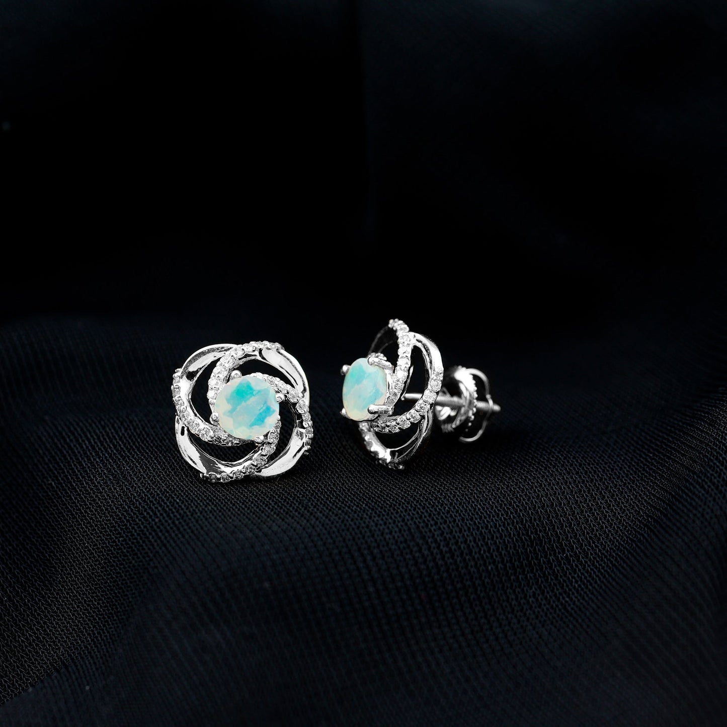 Genuine Ethiopian Opal and Diamond Swirl Stud Earrings