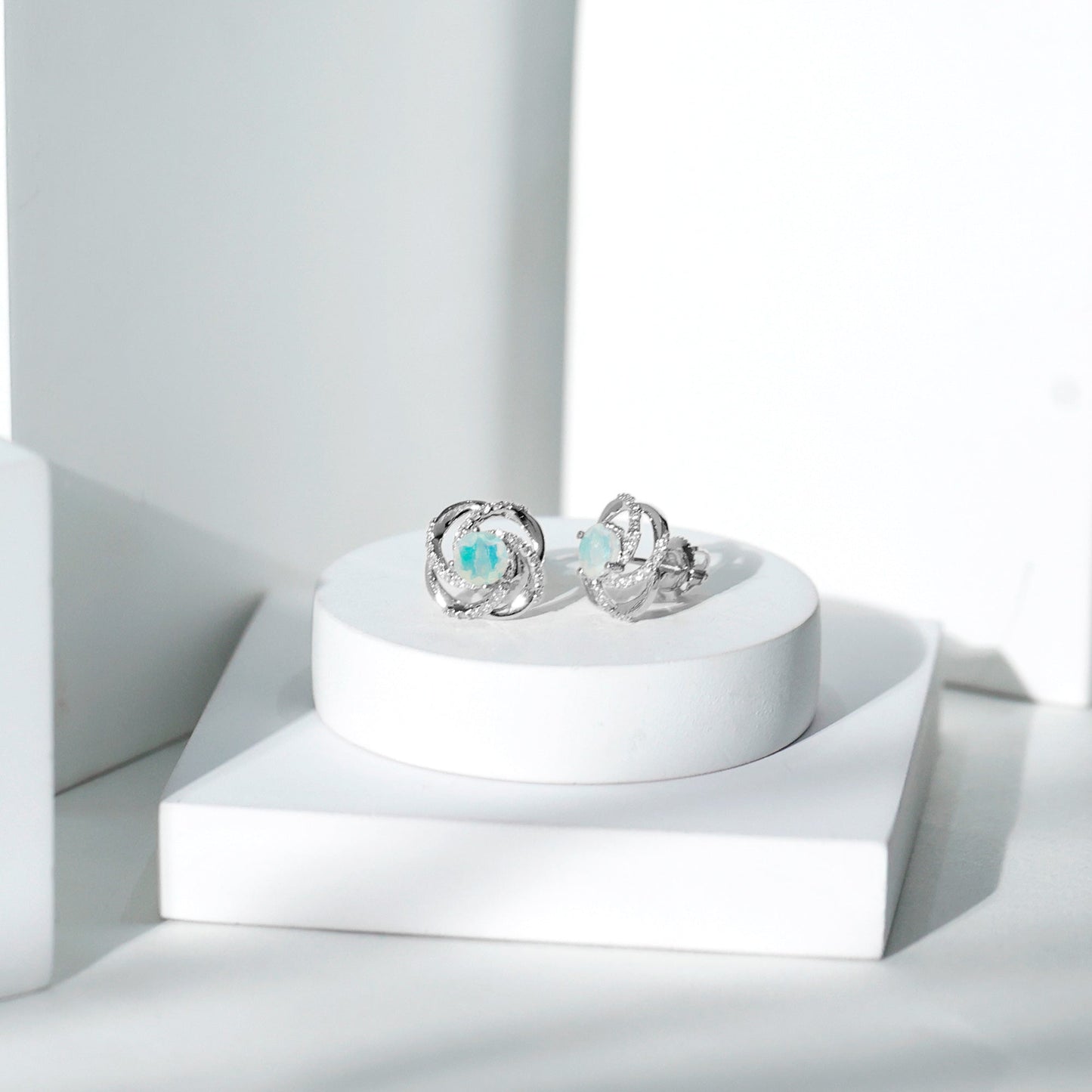 Genuine Ethiopian Opal and Diamond Swirl Stud Earrings