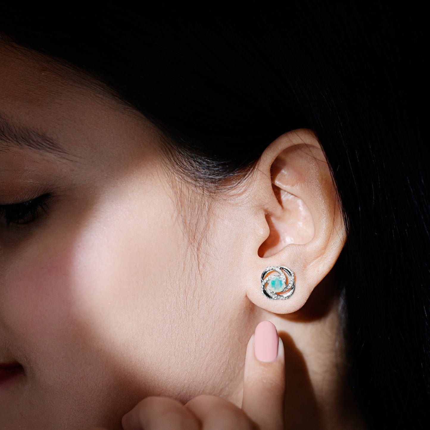 Genuine Ethiopian Opal and Diamond Swirl Stud Earrings