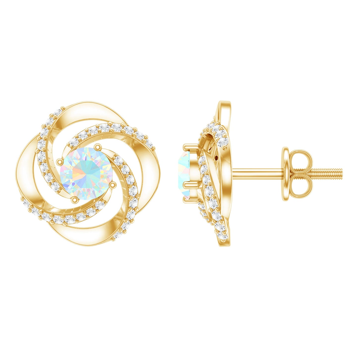 Genuine Ethiopian Opal and Diamond Swirl Stud Earrings