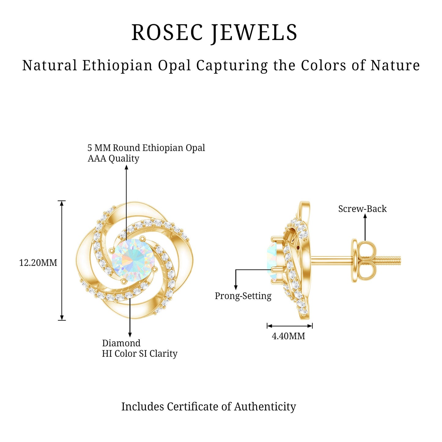 Genuine Ethiopian Opal and Diamond Swirl Stud Earrings
