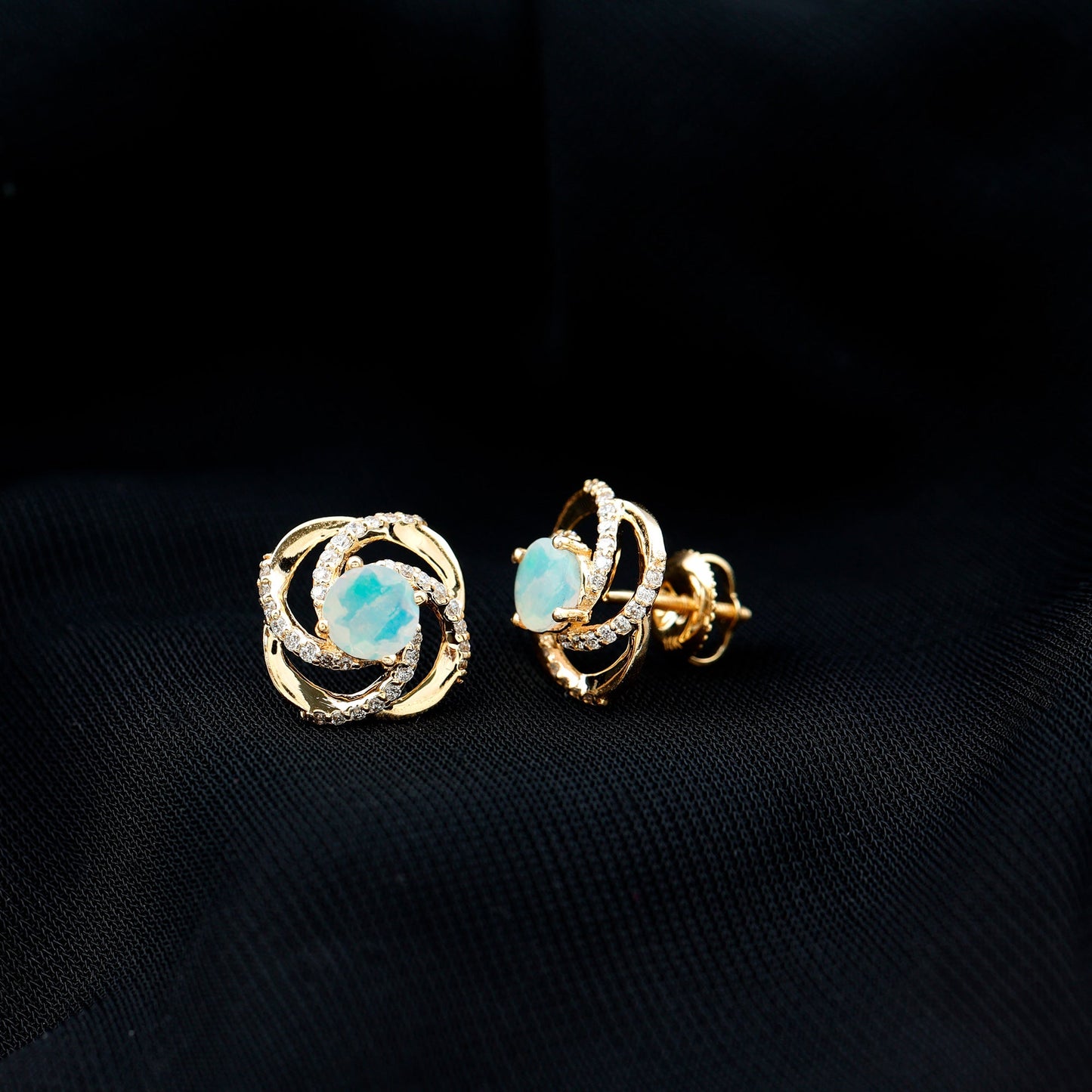 Genuine Ethiopian Opal and Diamond Swirl Stud Earrings