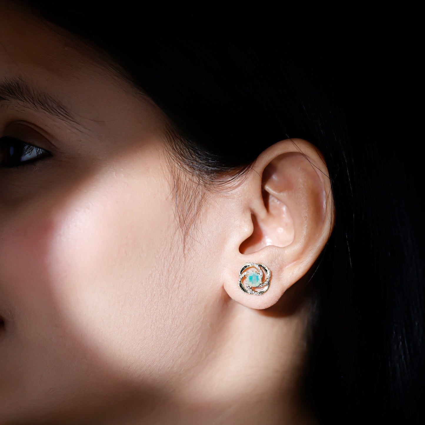 Genuine Ethiopian Opal and Diamond Swirl Stud Earrings