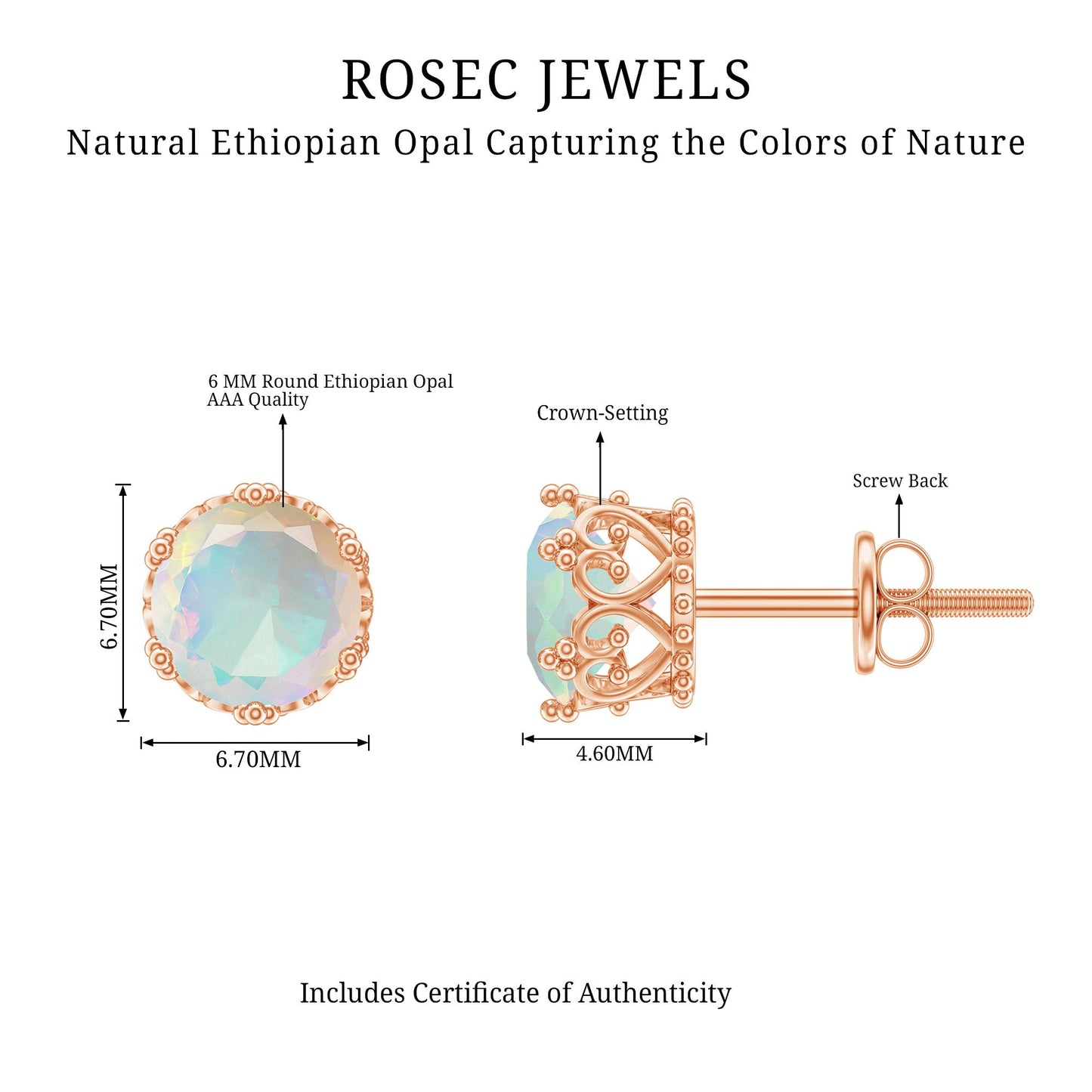 Natural Ethiopian Opal Crown Stud Earrings with Screw Back