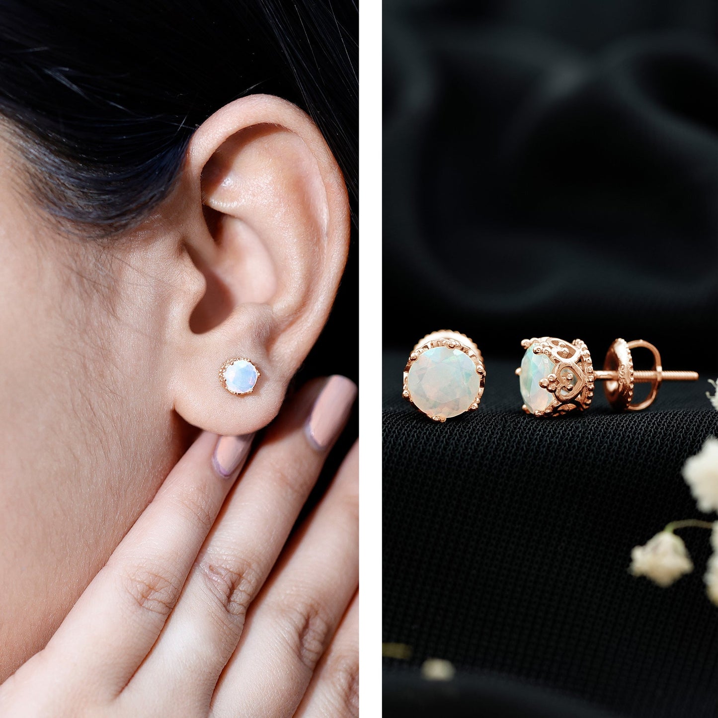 Natural Ethiopian Opal Crown Stud Earrings with Screw Back