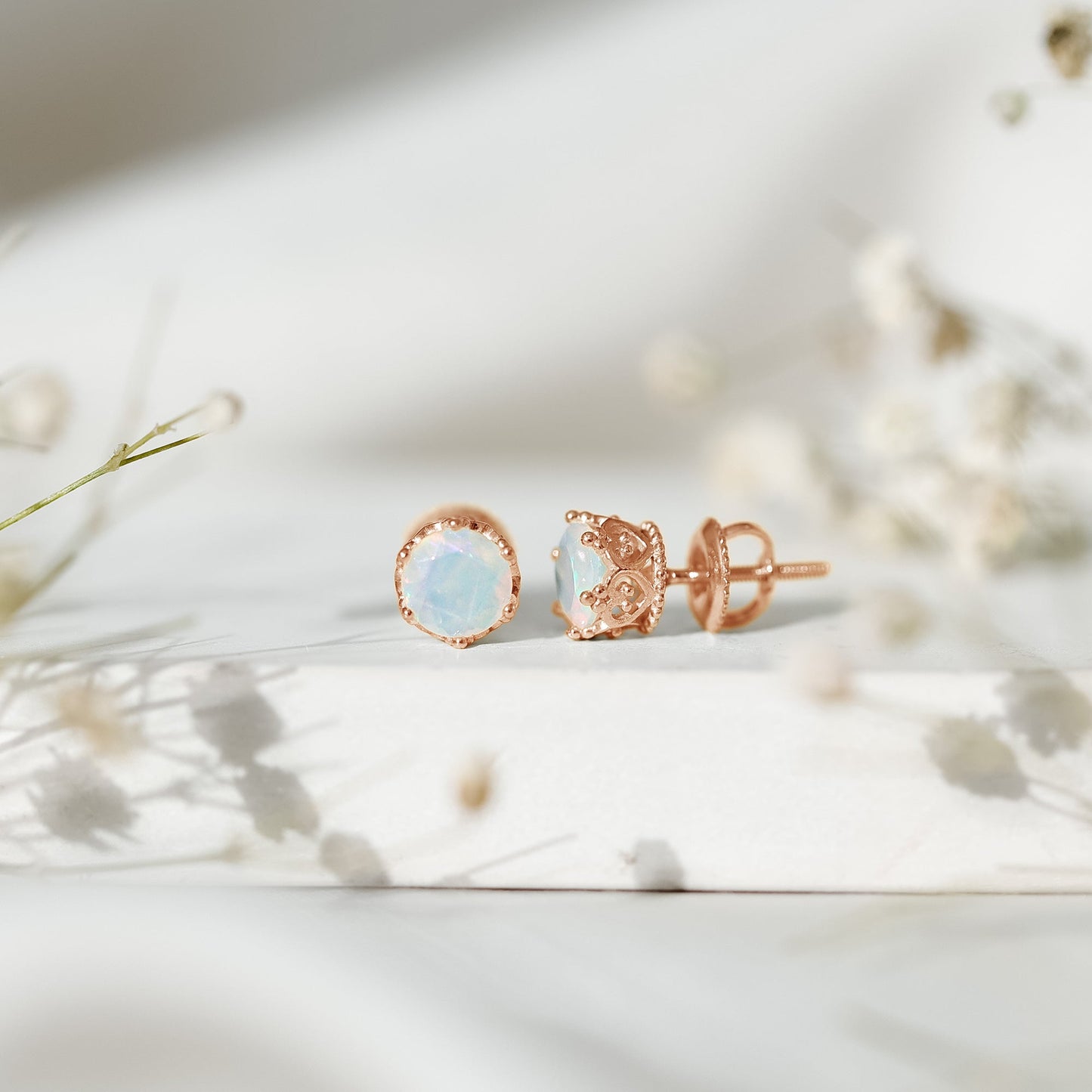 Natural Ethiopian Opal Crown Stud Earrings with Screw Back
