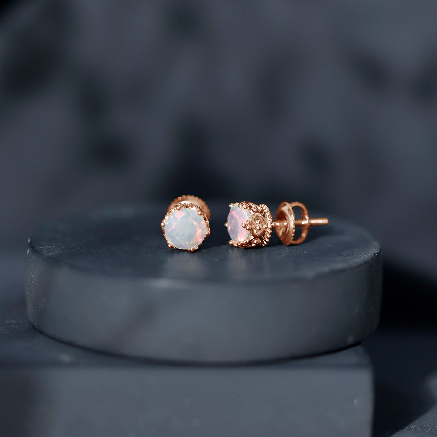 Natural Ethiopian Opal Crown Stud Earrings with Screw Back
