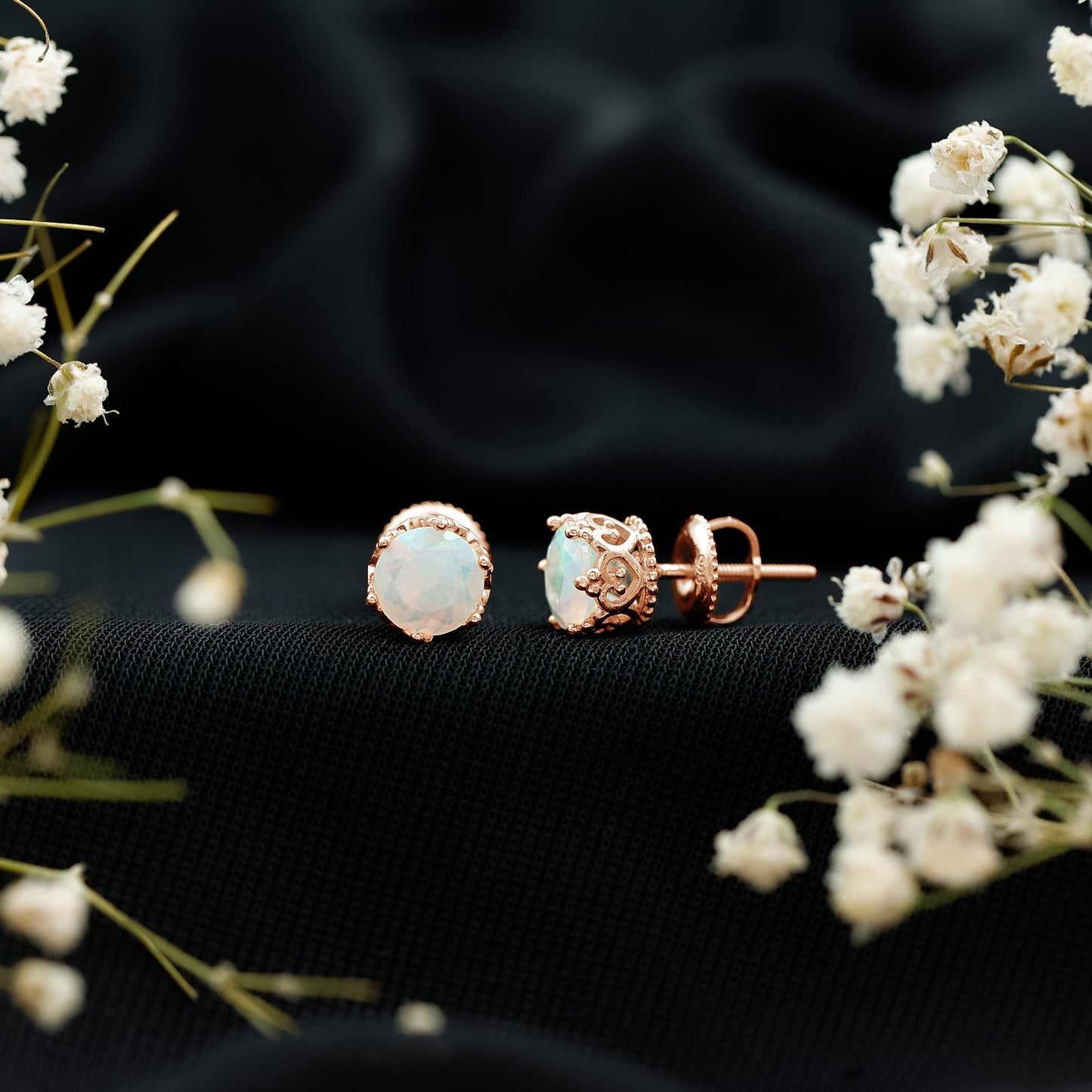Natural Ethiopian Opal Crown Stud Earrings with Screw Back