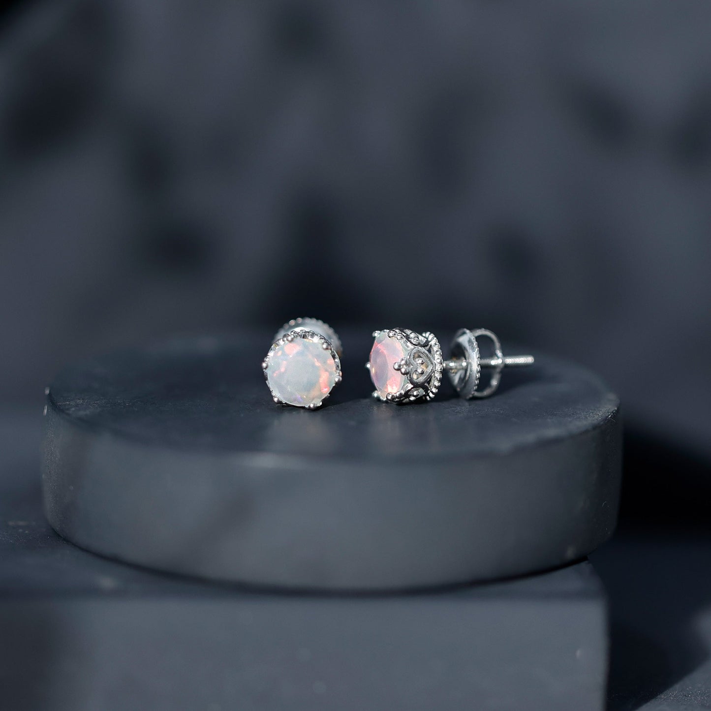 Natural Ethiopian Opal Crown Stud Earrings with Screw Back