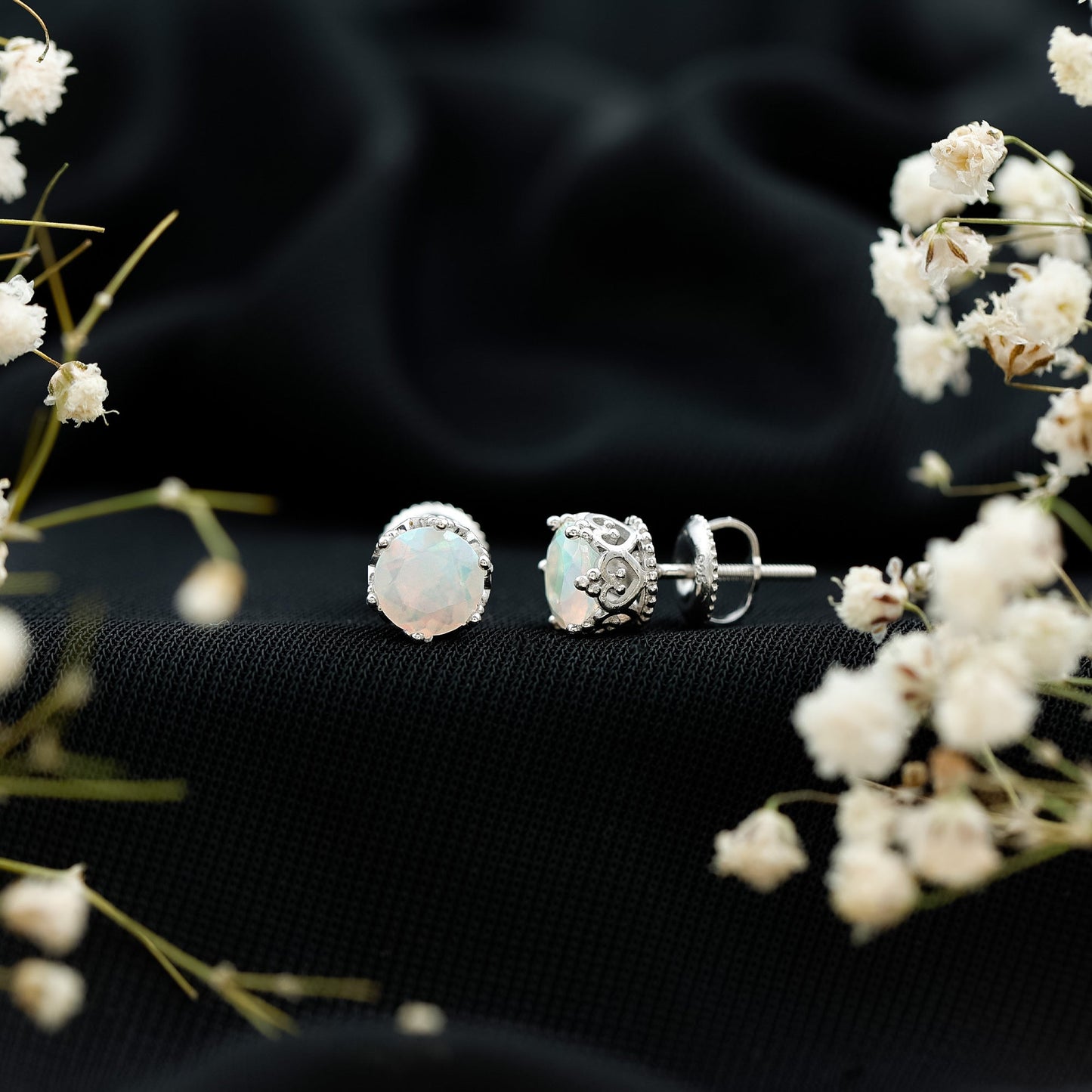 Natural Ethiopian Opal Crown Stud Earrings with Screw Back