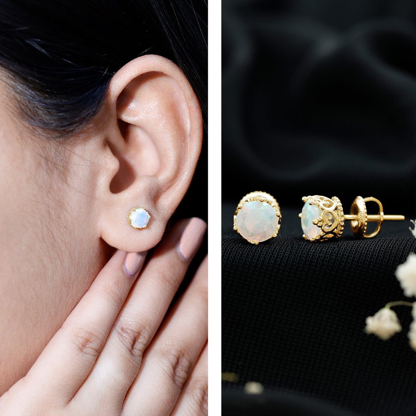 Natural Ethiopian Opal Crown Stud Earrings with Screw Back