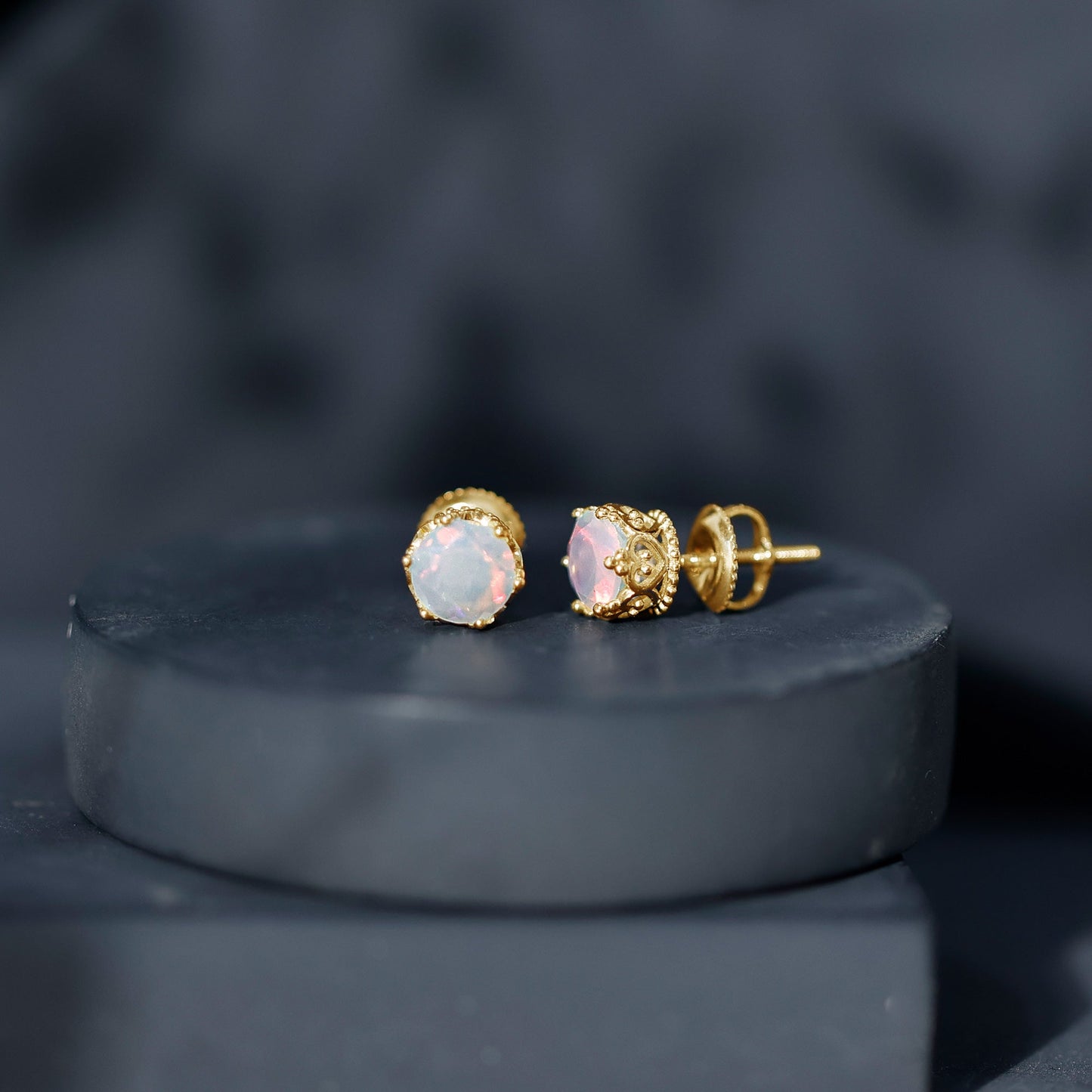 Natural Ethiopian Opal Crown Stud Earrings with Screw Back