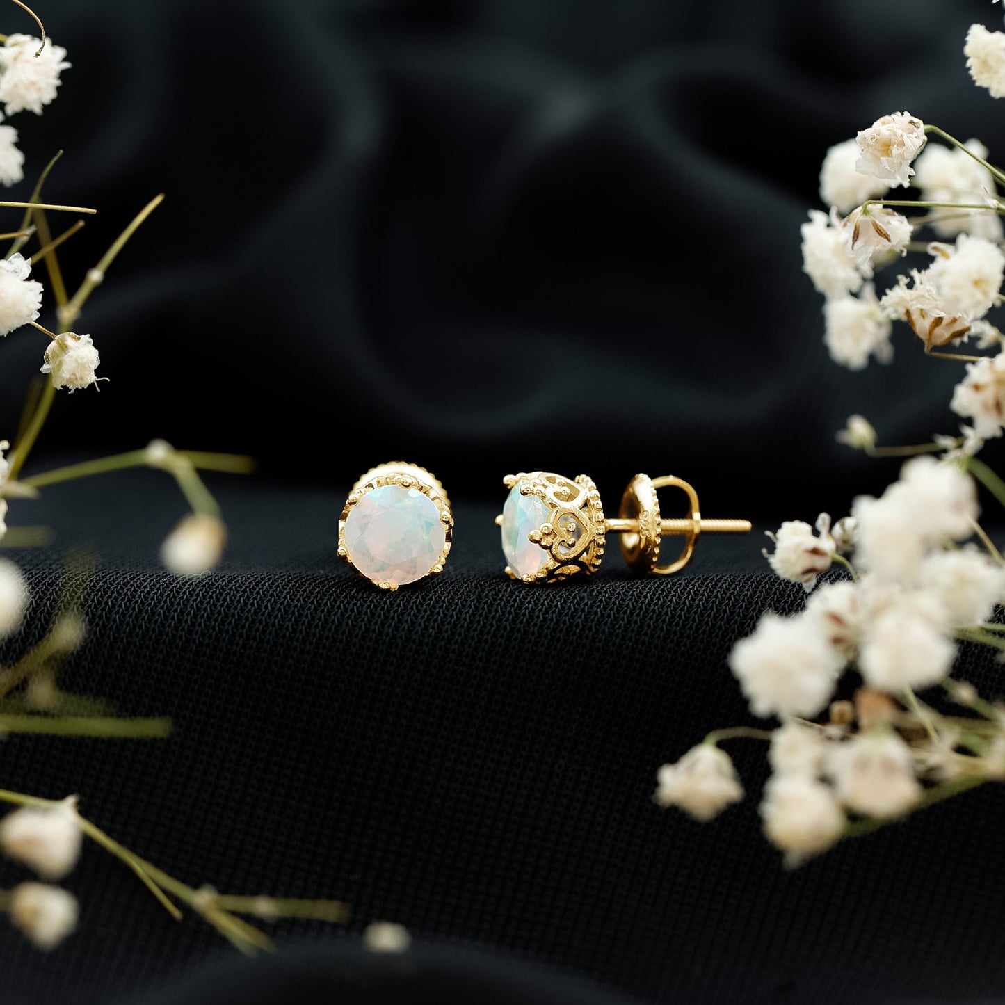 Natural Ethiopian Opal Crown Stud Earrings with Screw Back