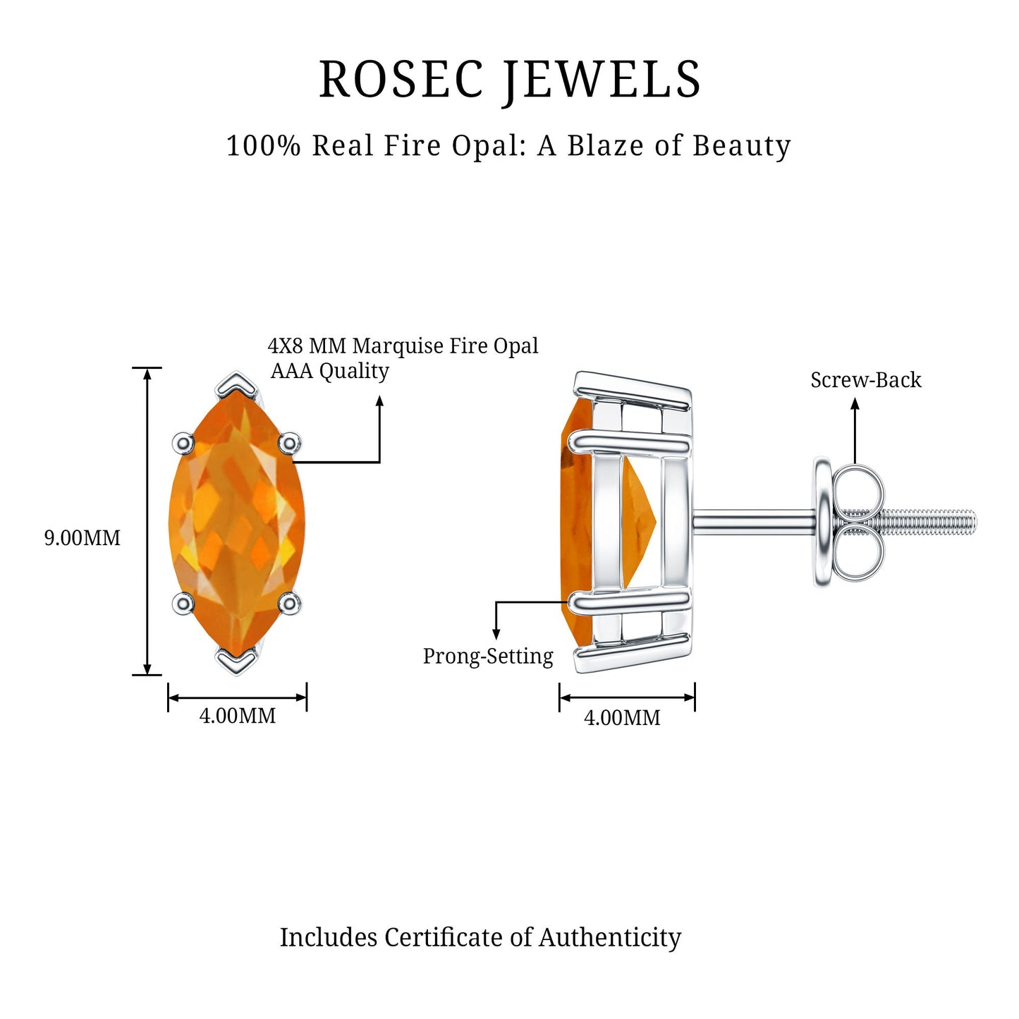 Natural Marquise Fire Opal Stud Earrings with Screw Back