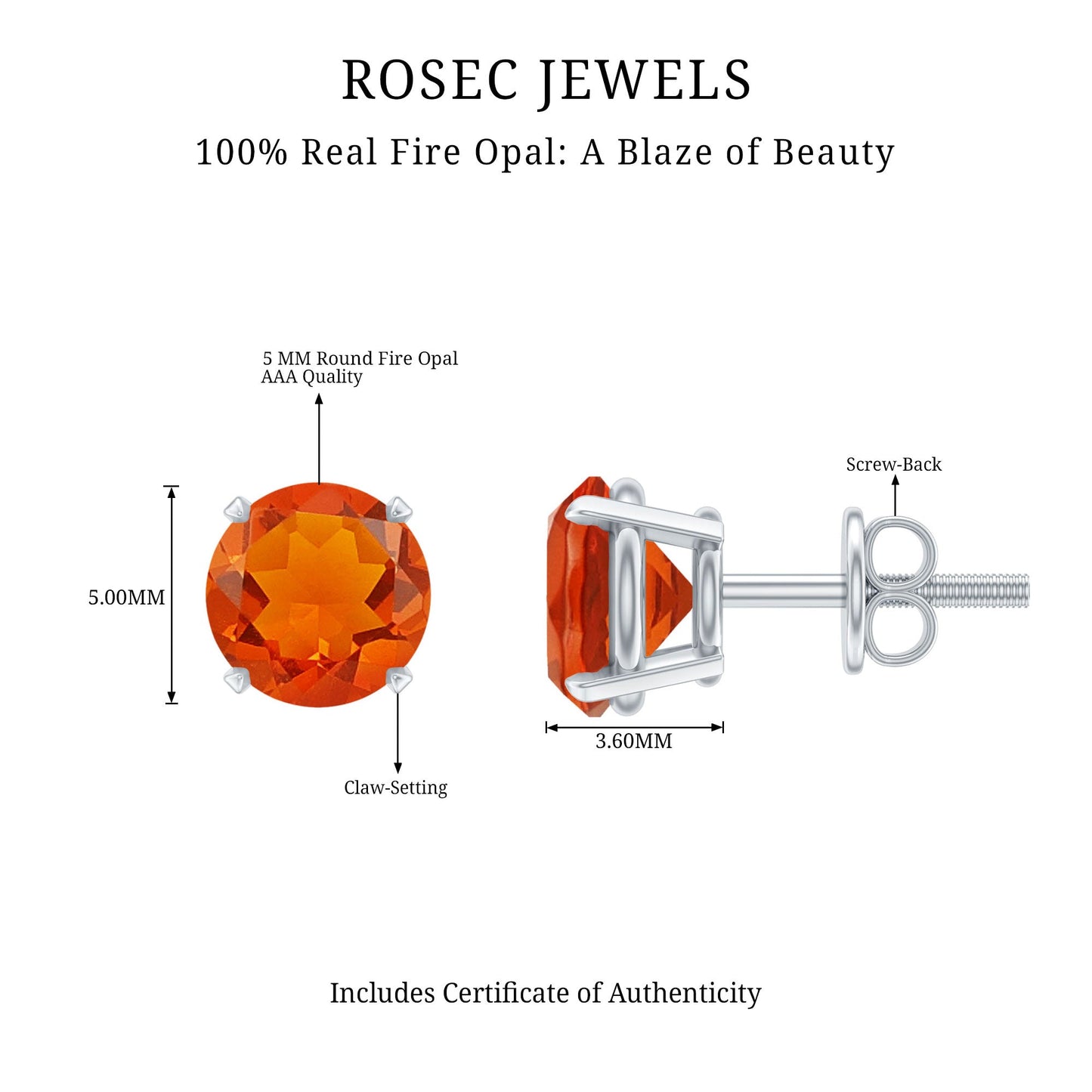 Fire Opal Stud Earrings with Screw on Backs