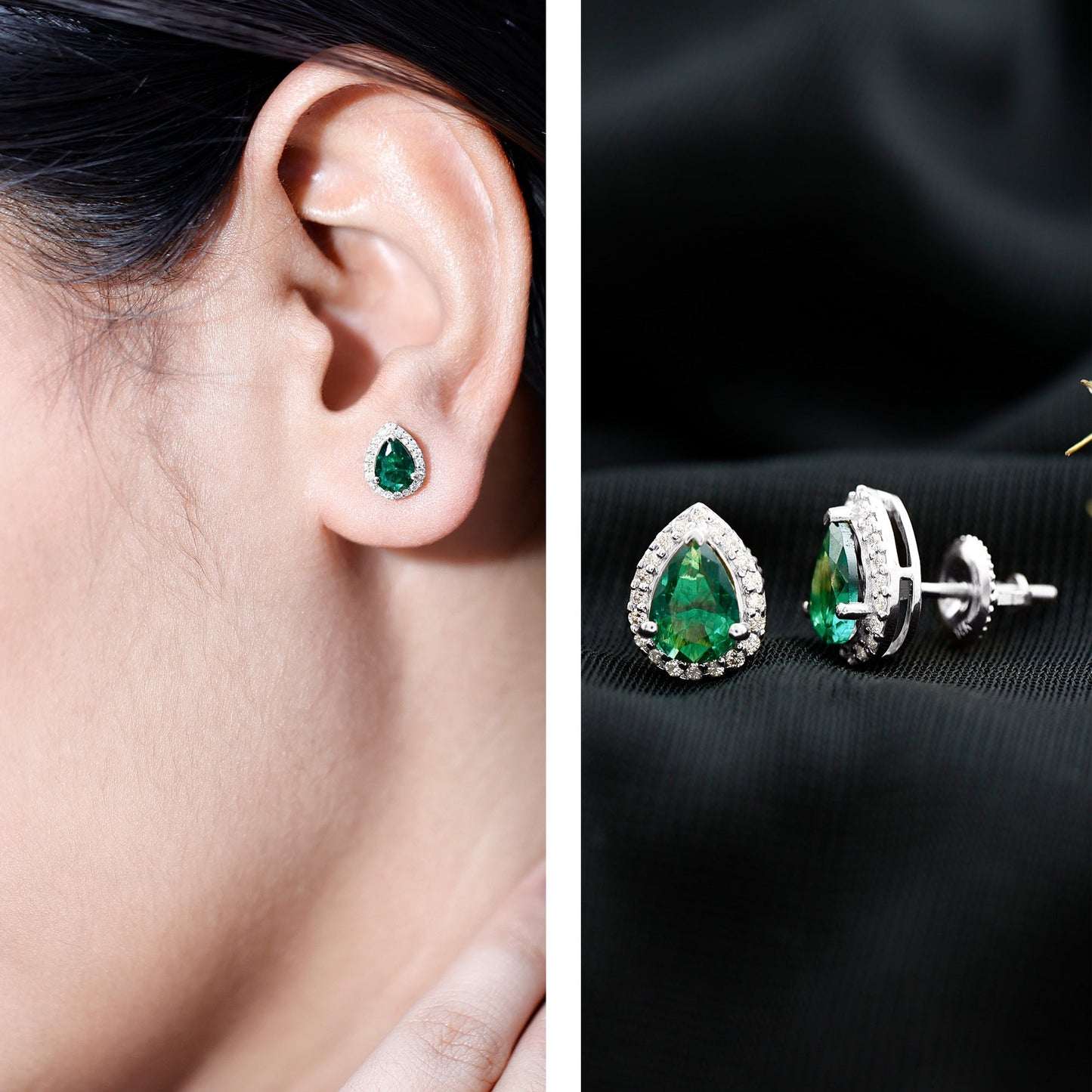 Lab Created Emerald Teardrop Stud Earrings with Diamond Halo
