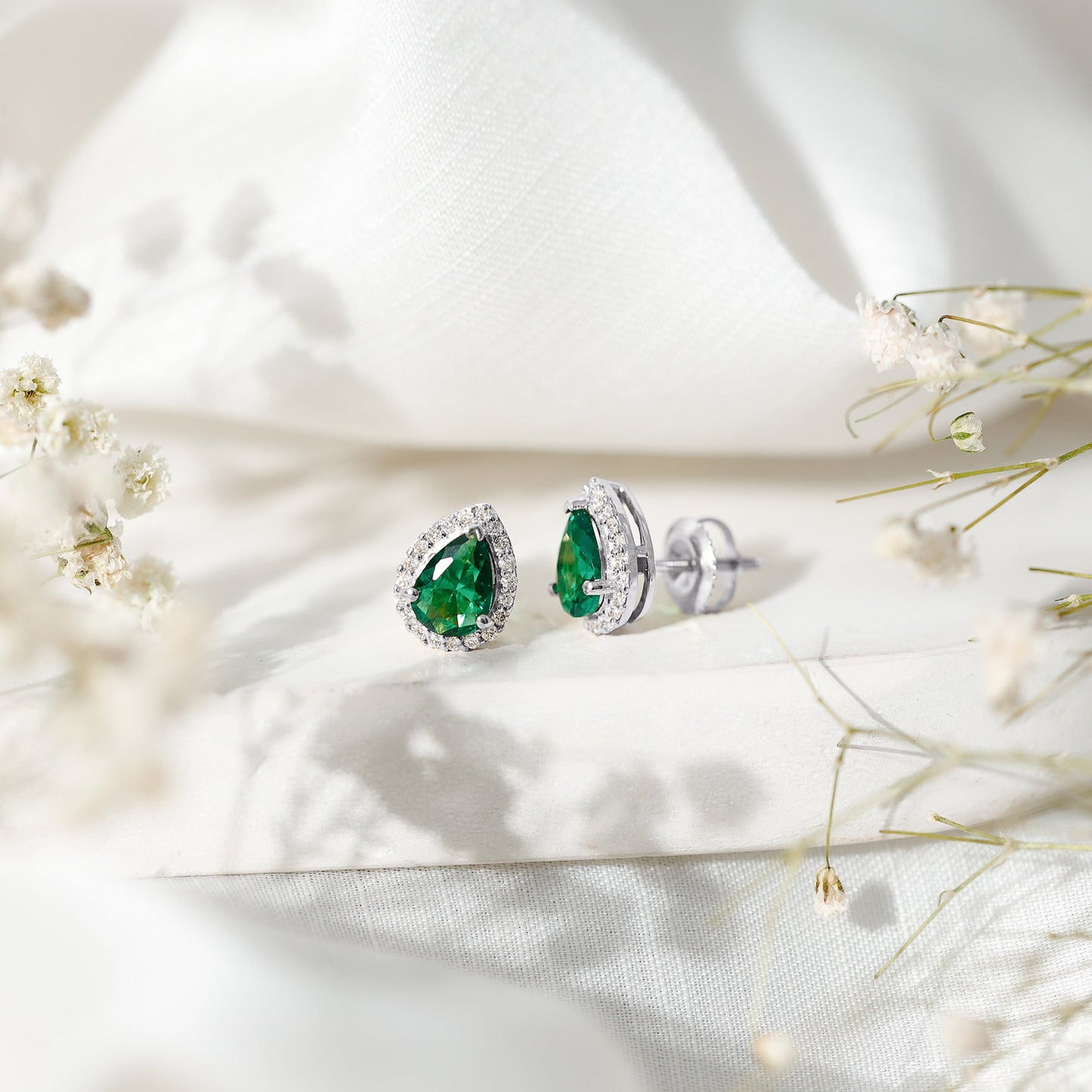 Lab Created Emerald Teardrop Stud Earrings with Diamond Halo