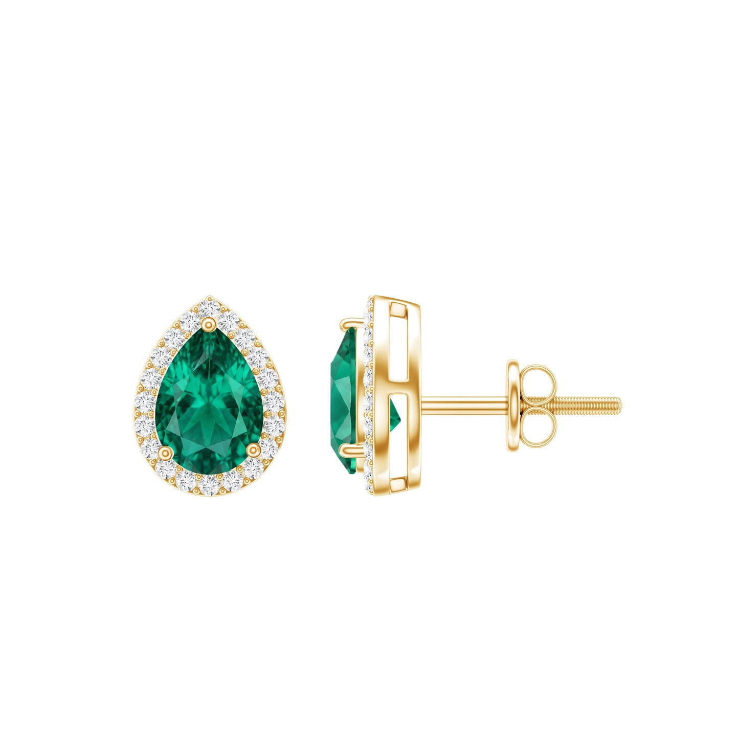 Lab Created Emerald Teardrop Stud Earrings with Diamond Halo