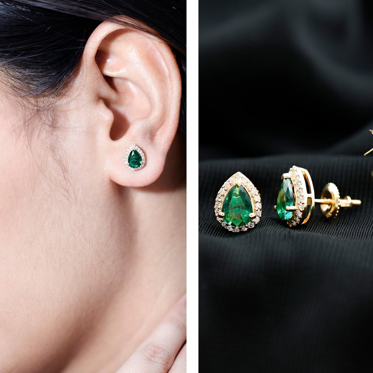 Lab Created Emerald Teardrop Stud Earrings with Diamond Halo