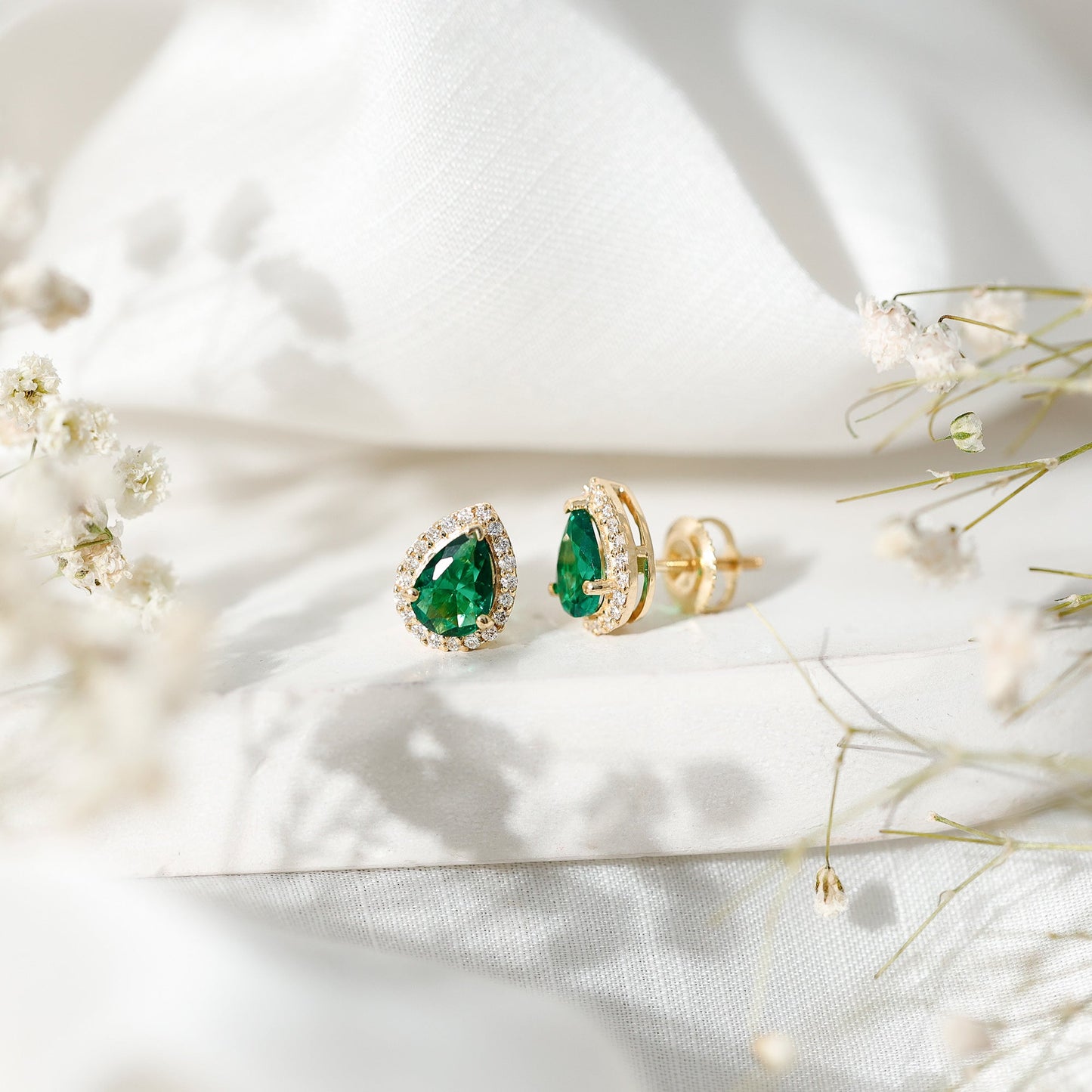 Lab Created Emerald Teardrop Stud Earrings with Diamond Halo