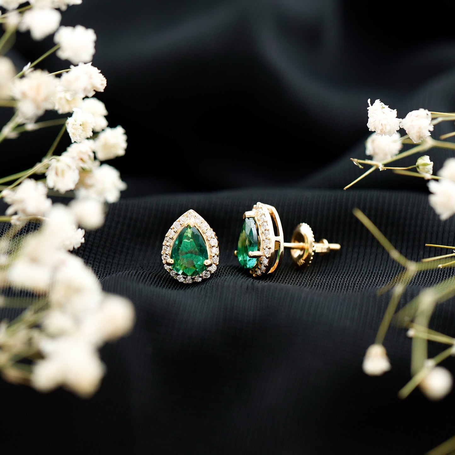 Lab Created Emerald Teardrop Stud Earrings with Diamond Halo