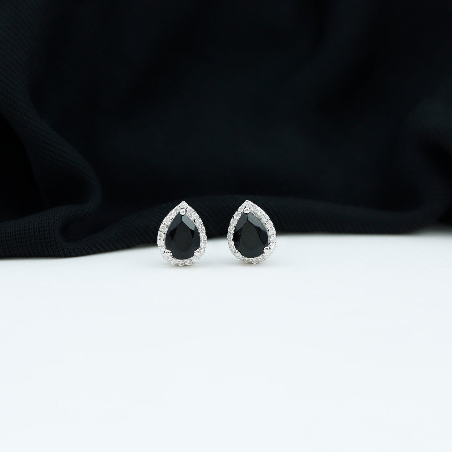 2 Carat Pear Cut Black Onyx and Diamond Halo Stud Earrings