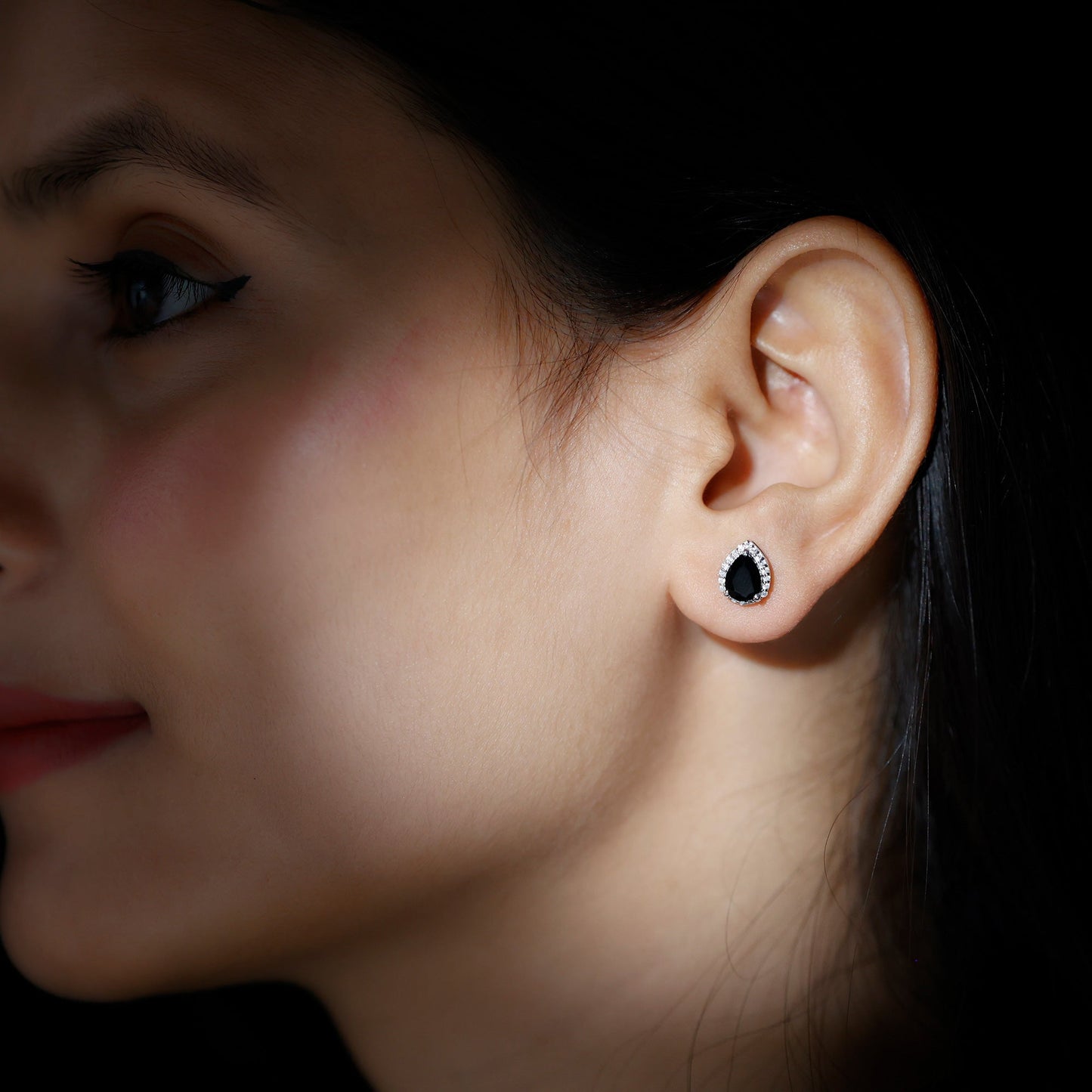 2 Carat Pear Cut Black Onyx and Diamond Halo Stud Earrings