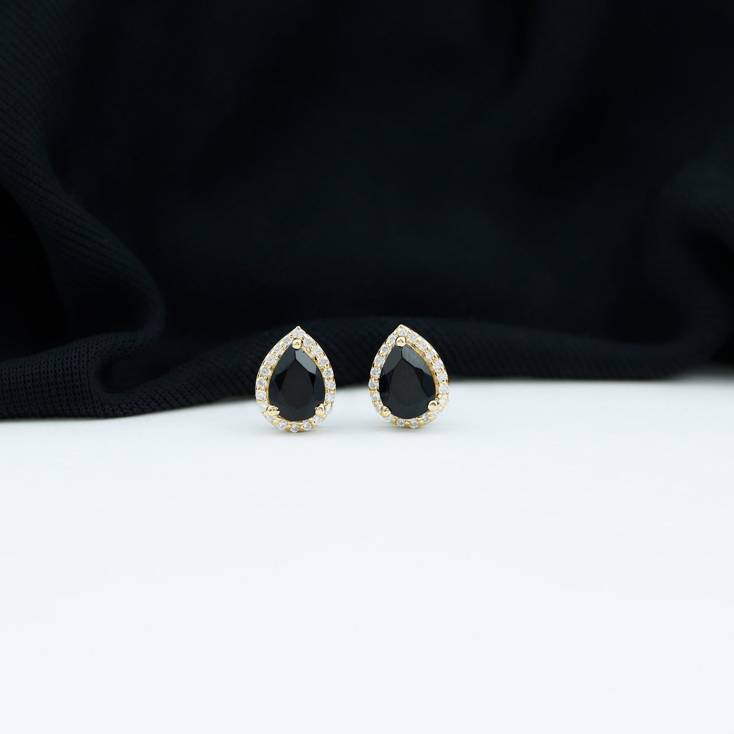 2 Carat Pear Cut Black Onyx and Diamond Halo Stud Earrings