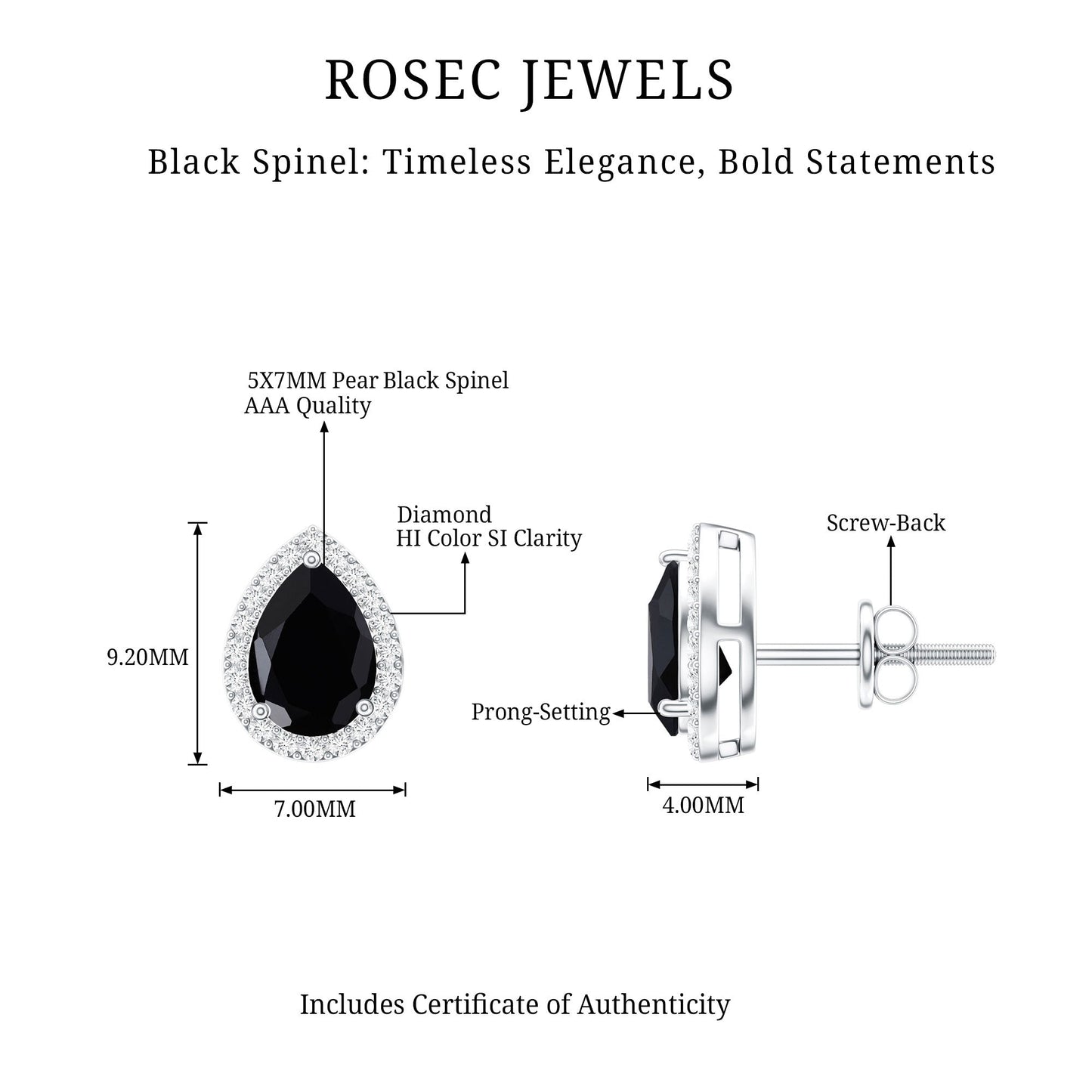 Natural 1.2 Carat Pear Shape Black Spinel Earrings with Diamond Halo