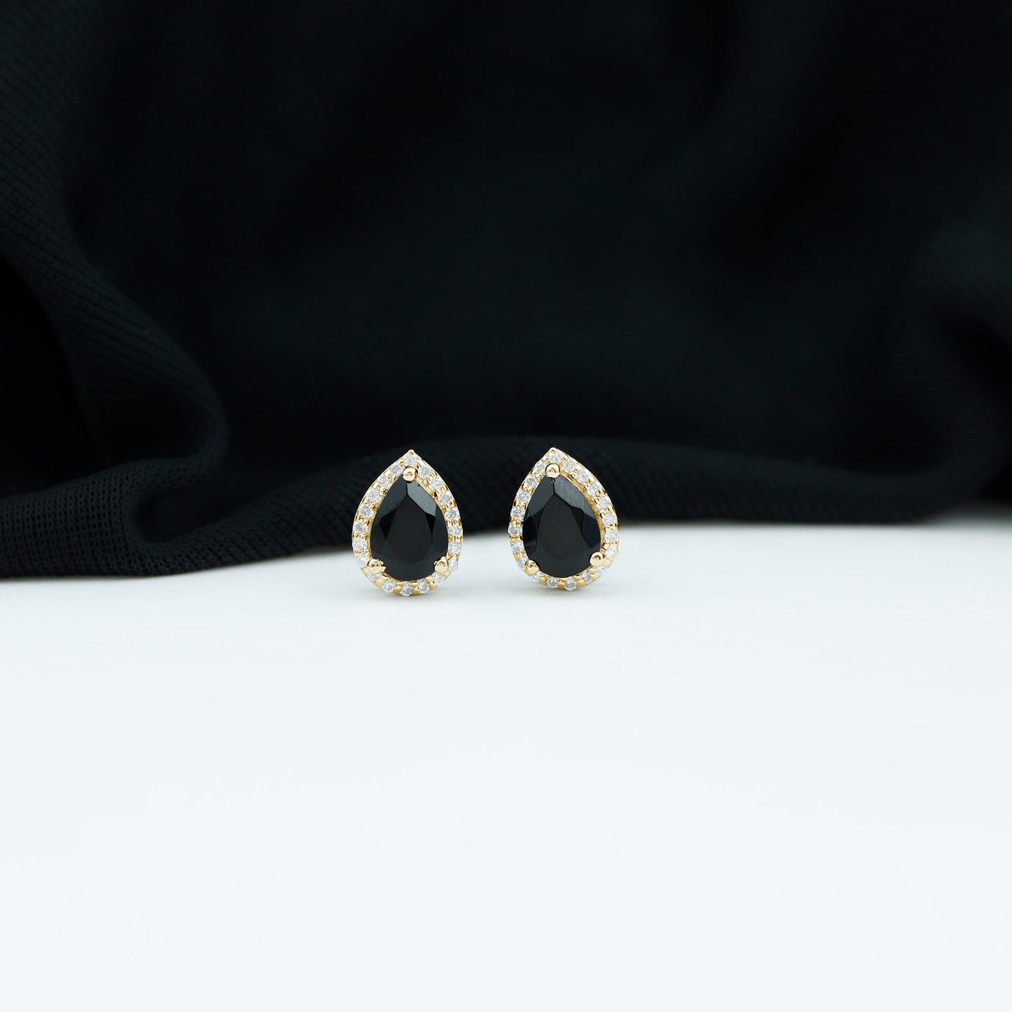 Natural 1.2 Carat Pear Shape Black Spinel Earrings with Diamond Halo