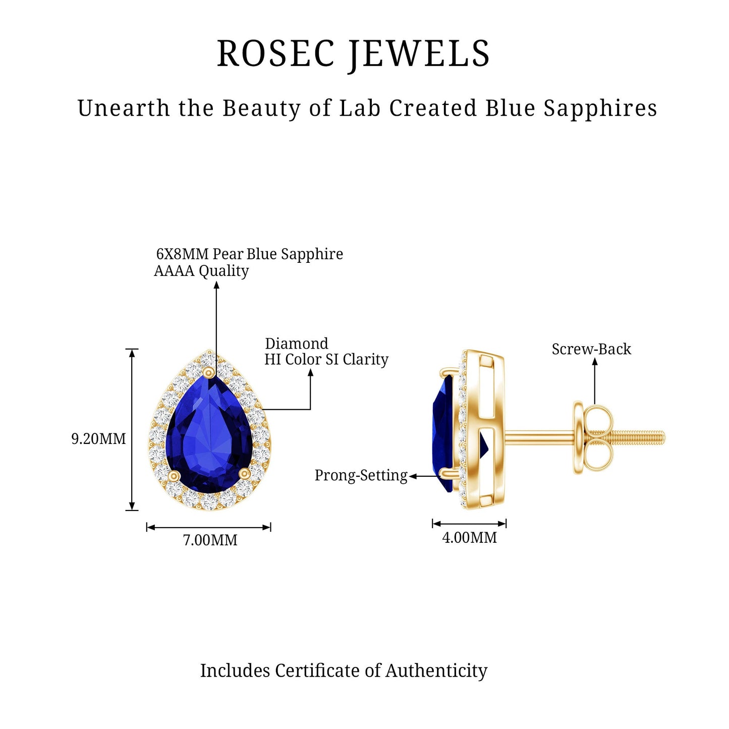 Certified Lab Created Blue Sapphire and Diamond Stud Earrings