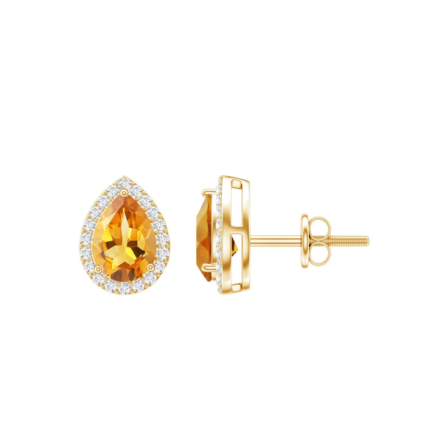 Certified Real Pear Shape Citrine Stud Earrings with Diamond Halo